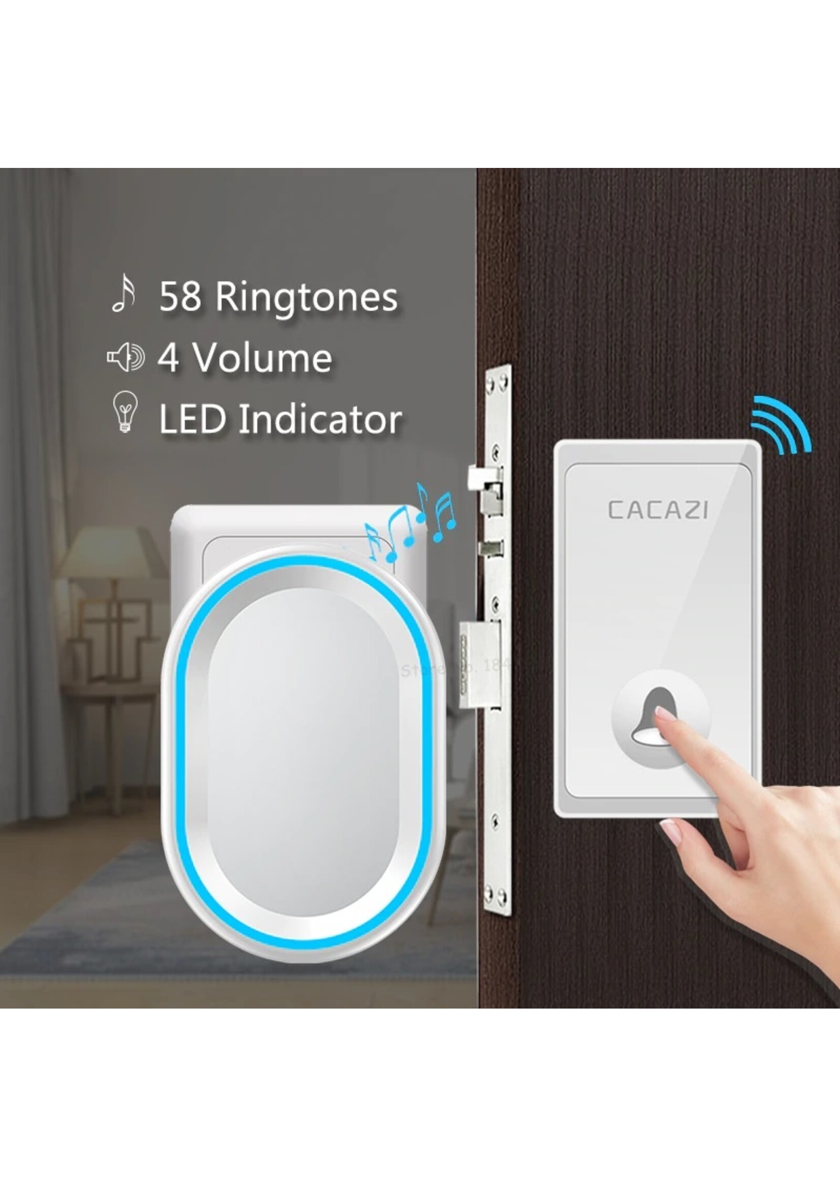 CACAZI Geen batterij nodig Draadloze deurbel 58 Melodieën Waterdichte deurbel Intelligente LED Ring Bell