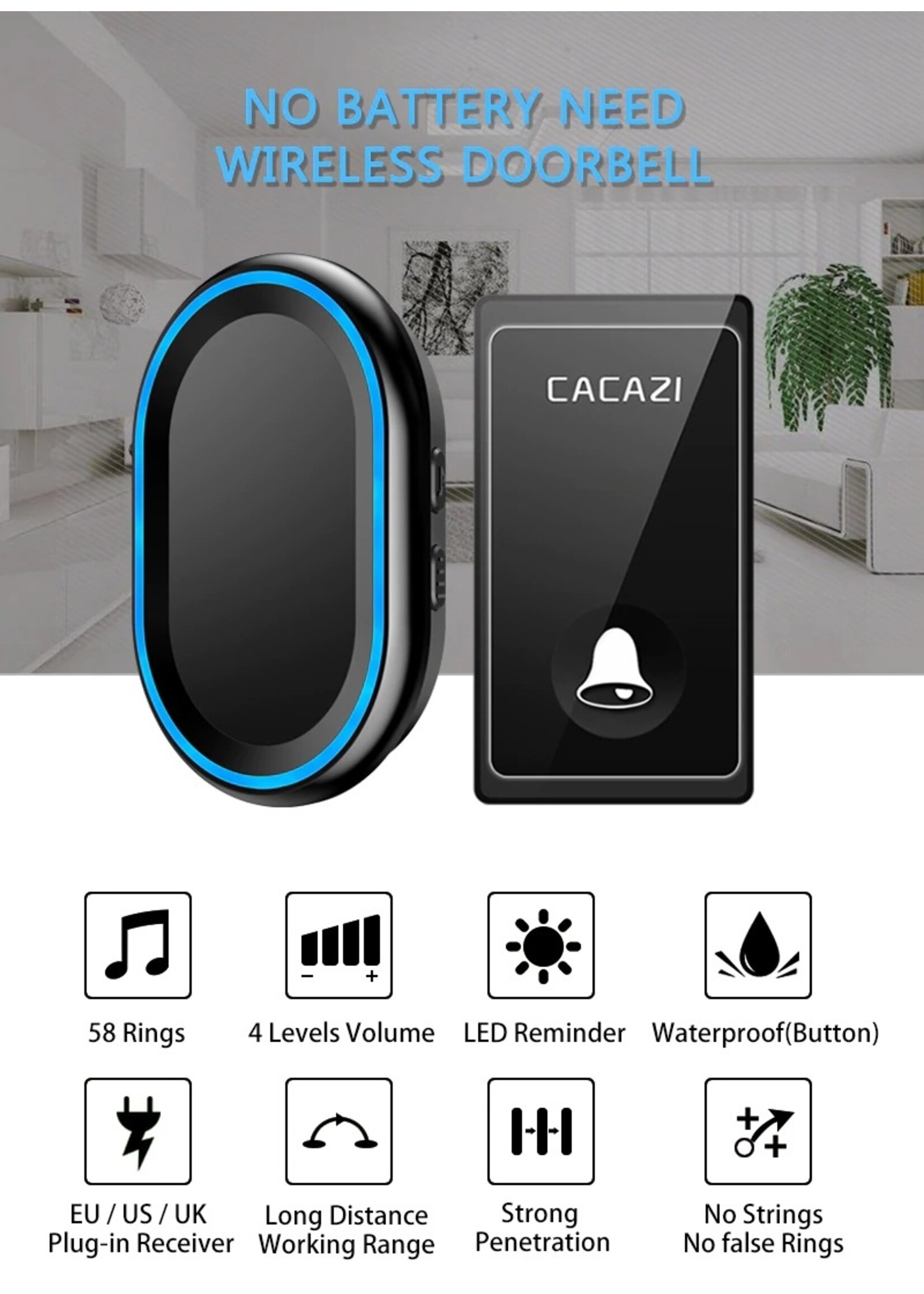 CACAZI Geen batterij nodig Draadloze deurbel 58 Melodieën Waterdichte deurbel Intelligente LED Ring Bell