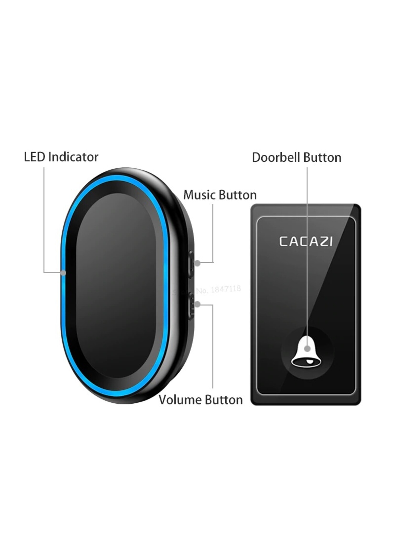 CACAZI Geen batterij nodig Draadloze deurbel 58 Melodieën Waterdichte deurbel Intelligente LED Ring Bell