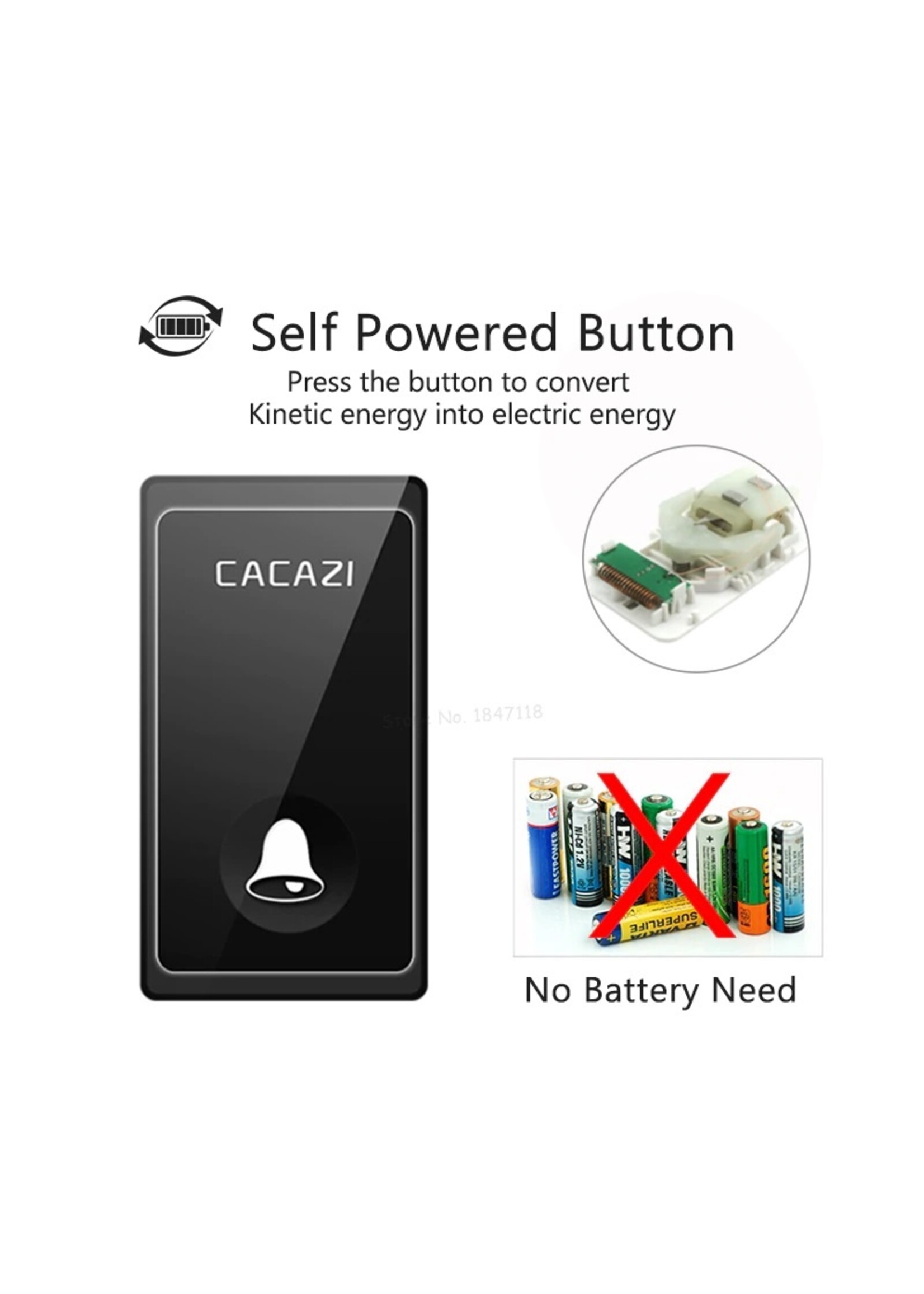 CACAZI Geen batterij nodig Draadloze deurbel 58 Melodieën Waterdichte deurbel Intelligente LED Ring Bell