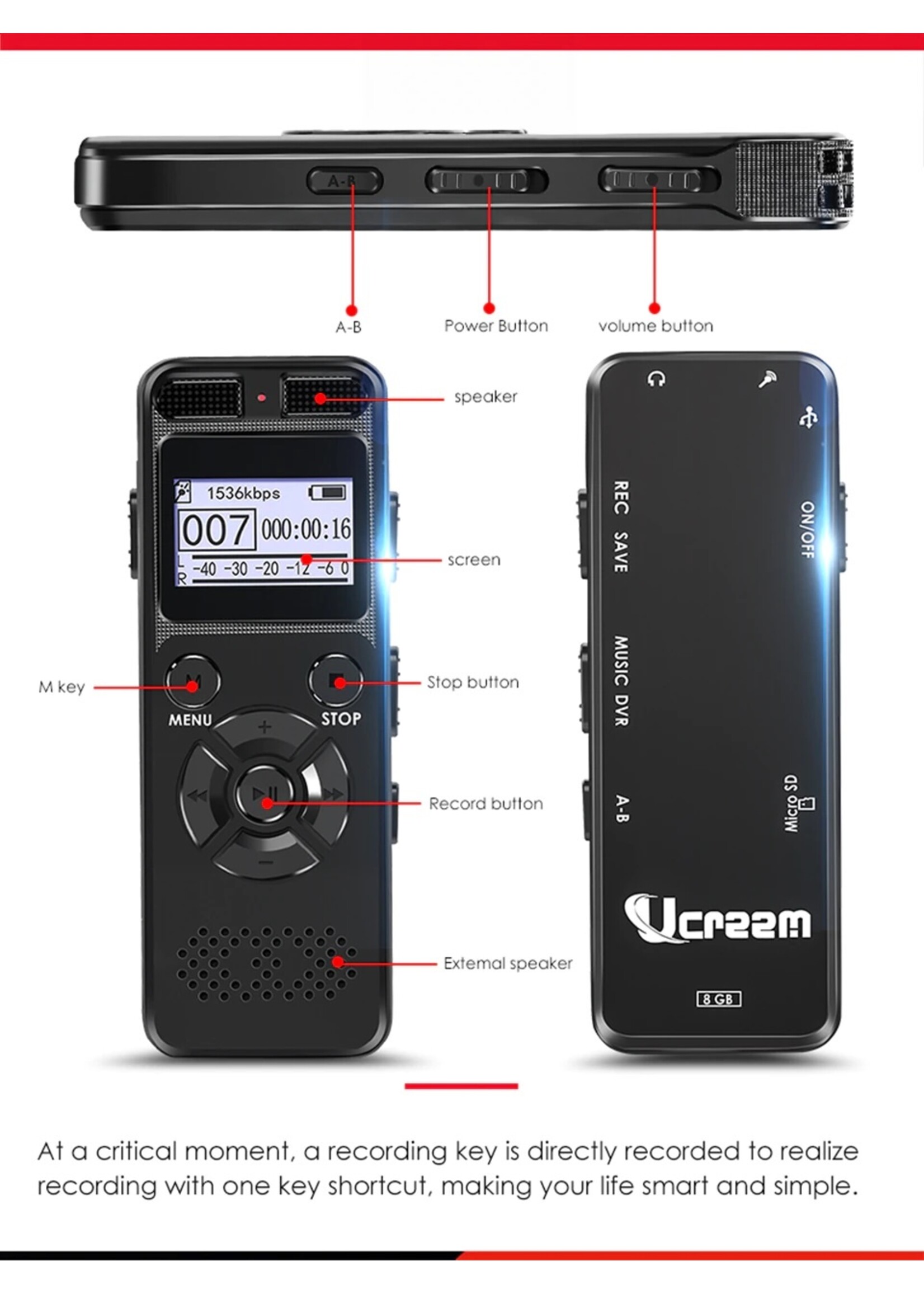 Digitale voice recorder TIG-VRD105 – 8GB
