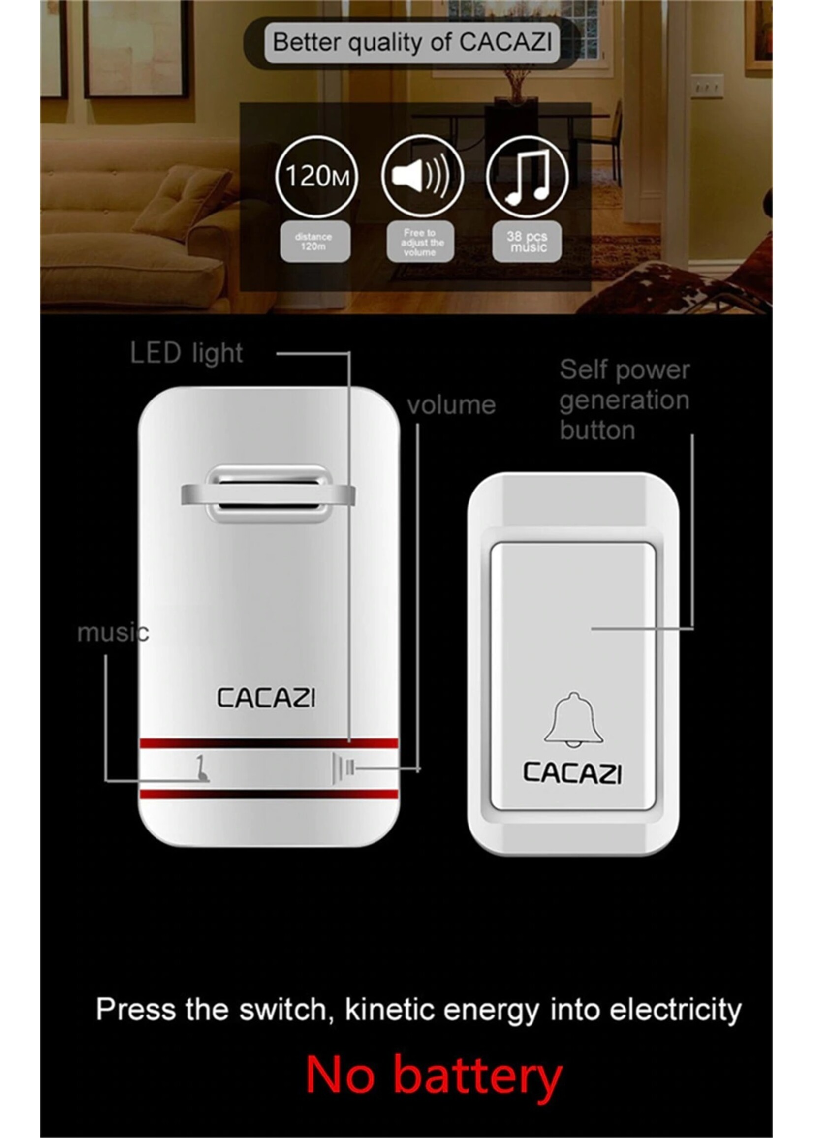 CACAZI Draadloze deurbel Zelf aangedreven Waterdichte LED-lamp Geen batterij Home Draadloze bel