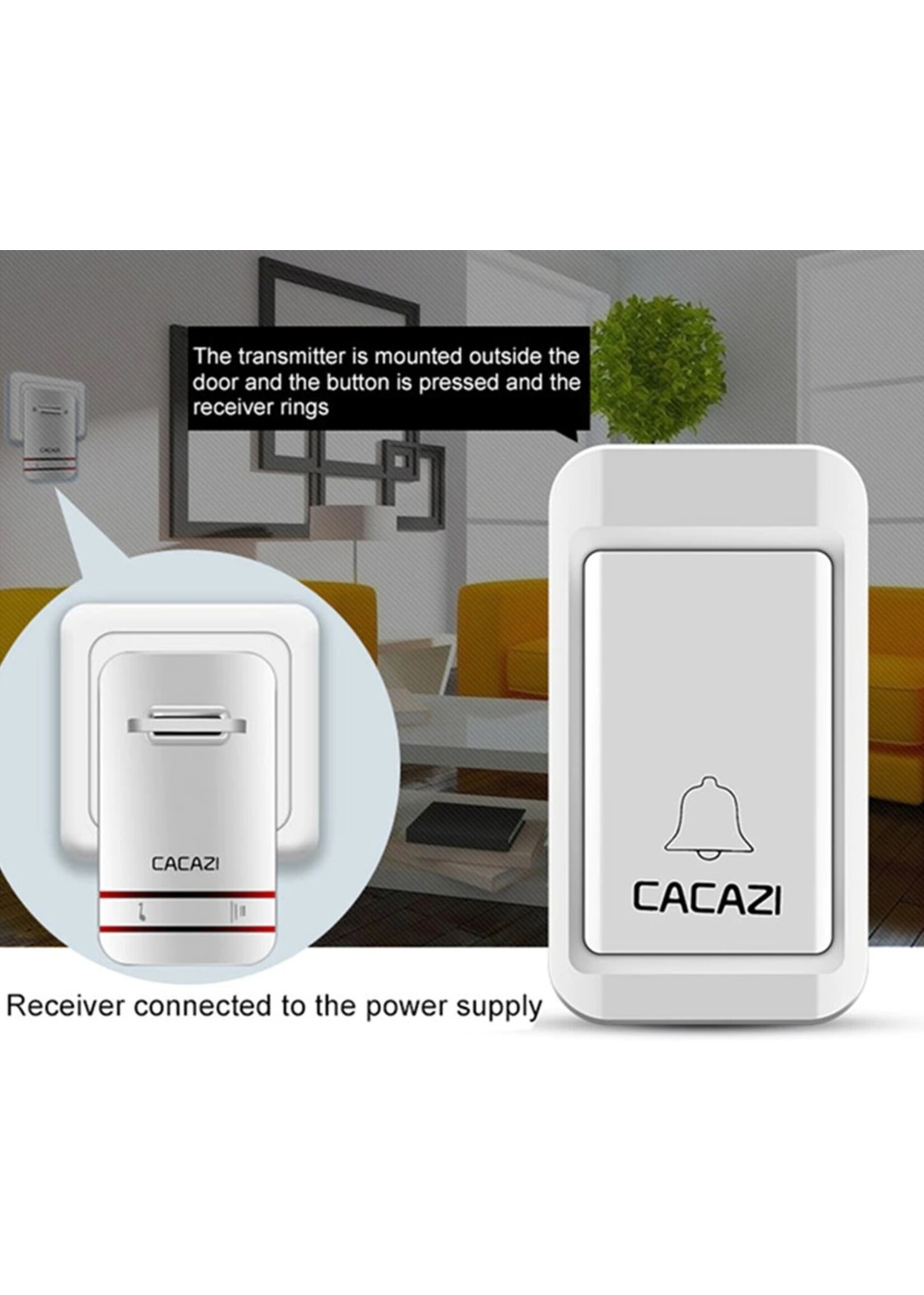 CACAZI Draadloze deurbel Zelf aangedreven Waterdichte LED-lamp Geen batterij Home Draadloze bel