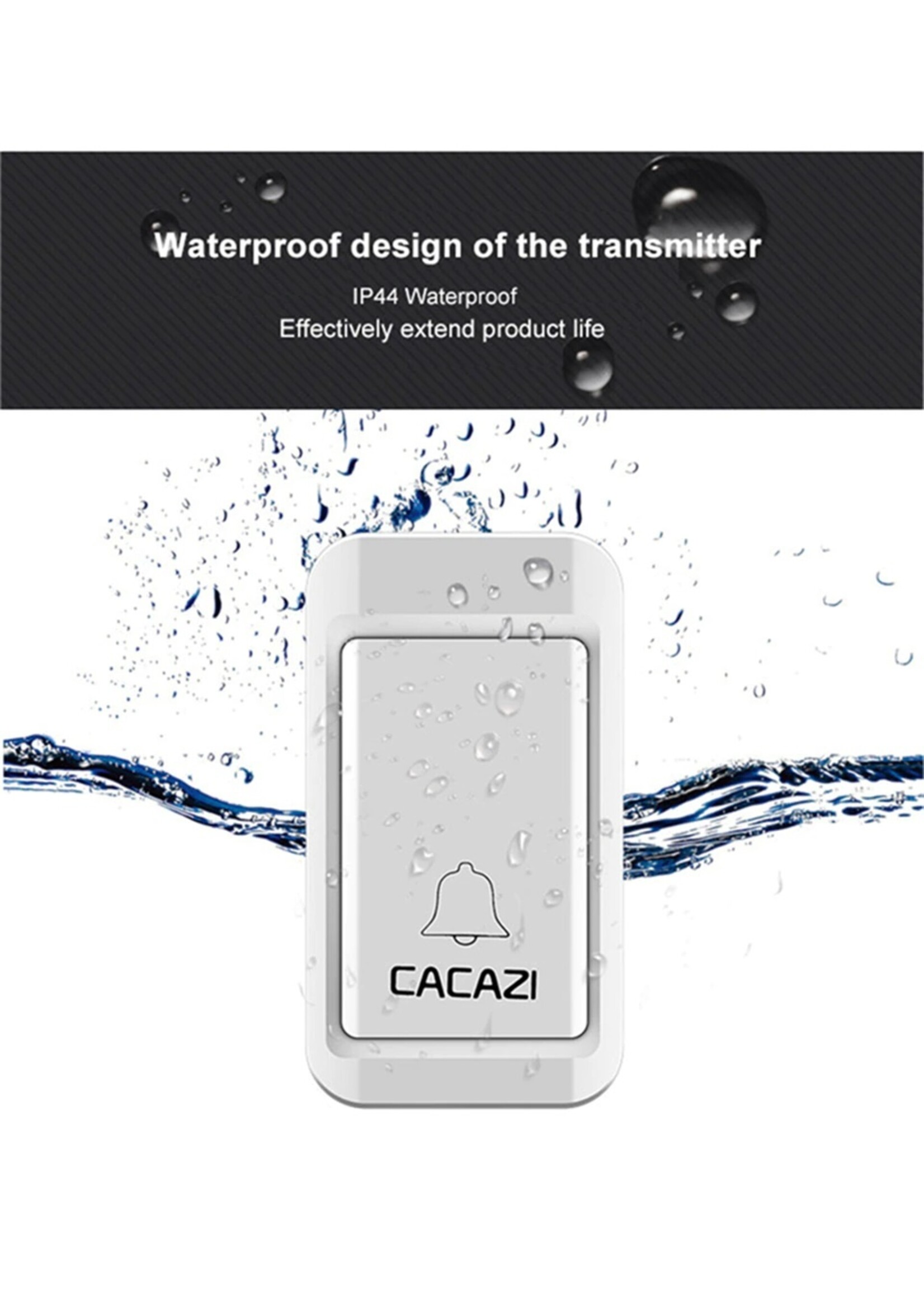 CACAZI Draadloze deurbel Zelf aangedreven Waterdichte LED-lamp Geen batterij Home Draadloze bel