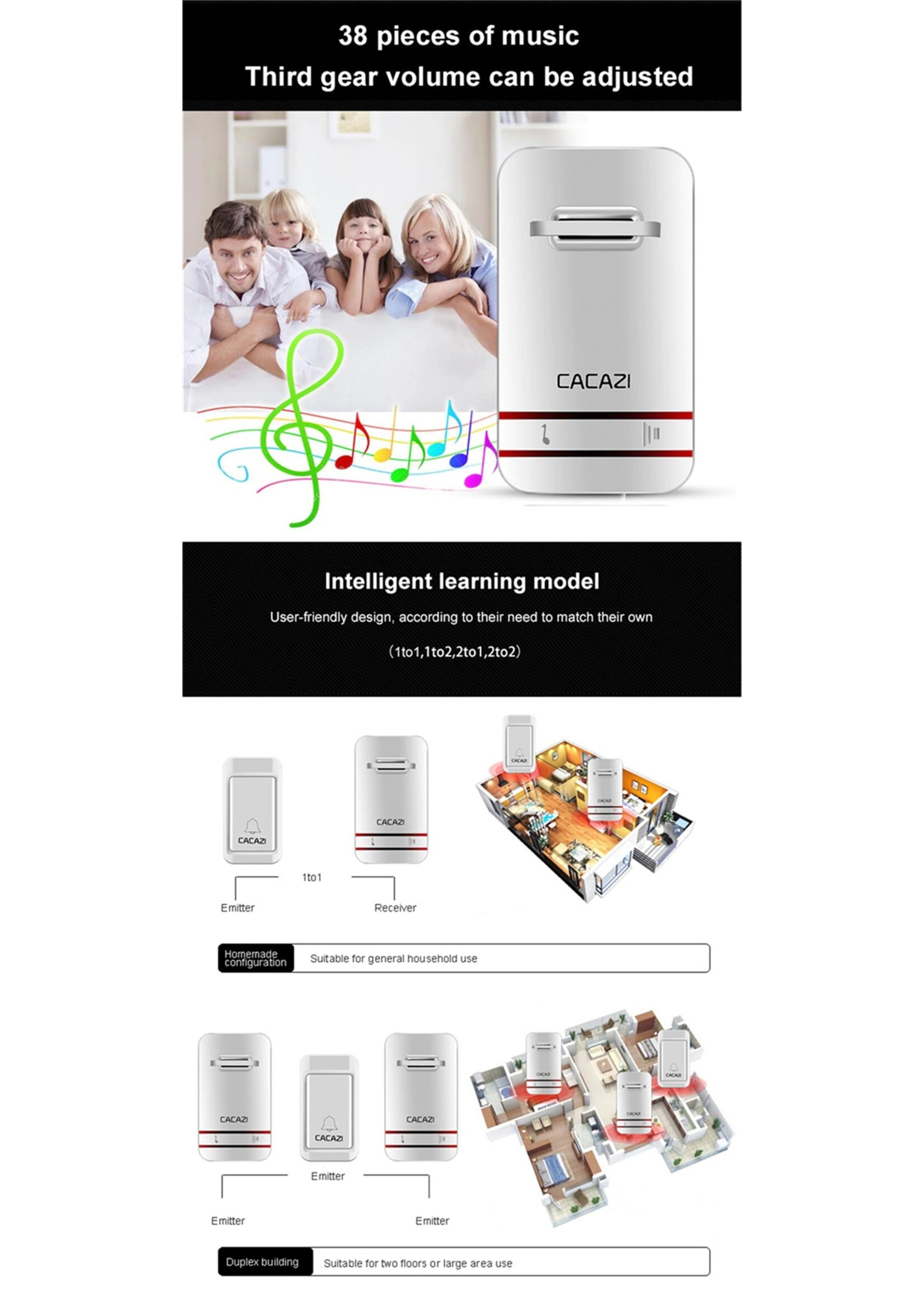 CACAZI Draadloze deurbel Zelf aangedreven Waterdichte LED-lamp Geen batterij Home Draadloze bel