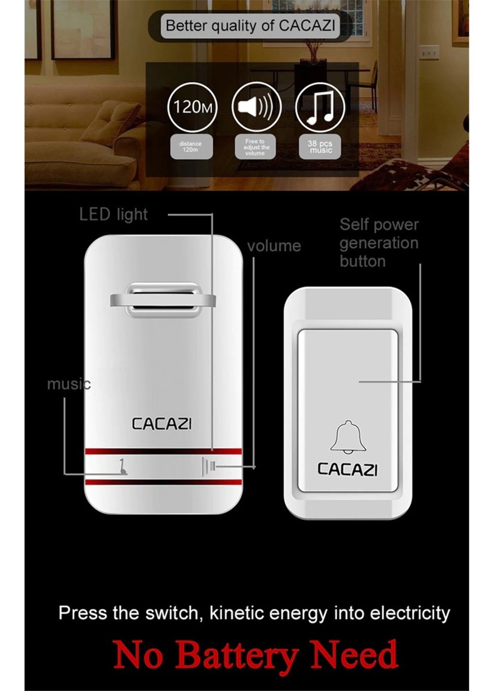 CACAZI Draadloze deurbel Zelf aangedreven Waterdichte LED-lamp Geen batterij Home Draadloze bel