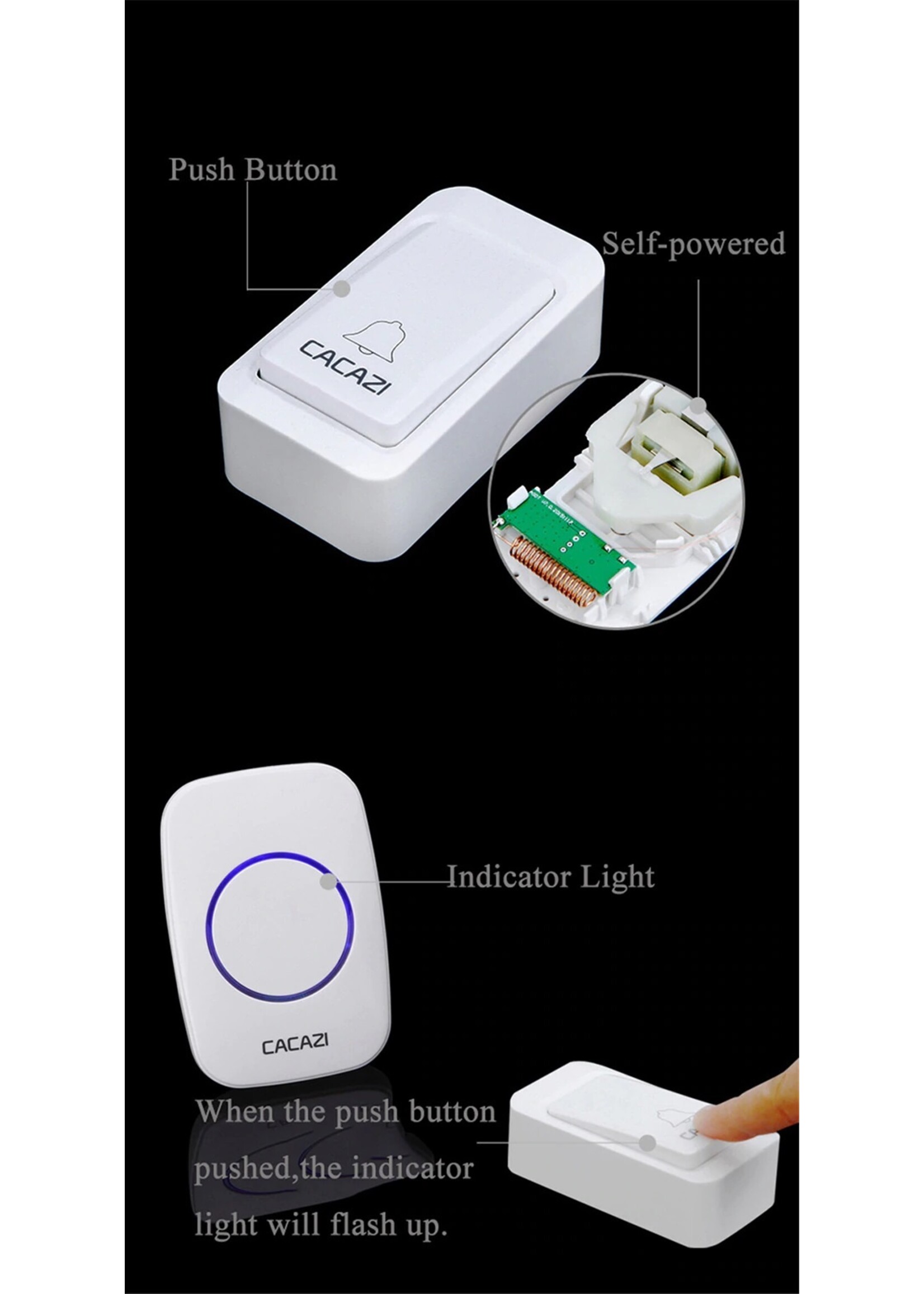 CACAZI Geen Batterij Nodig Deurbel Draadloze Waterdichte US EU UK Plug LED Self-powered Deurbel 120 M Remote Home Ring Bellen Bell