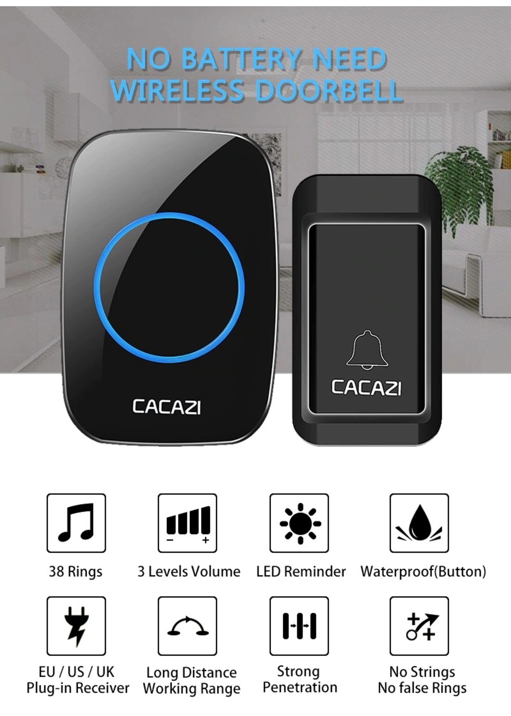 CACAZI Geen Batterij Nodig Deurbel Draadloze Waterdichte US EU UK Plug LED Self-powered Deurbel 120 M Remote Home Ring Bellen Bell