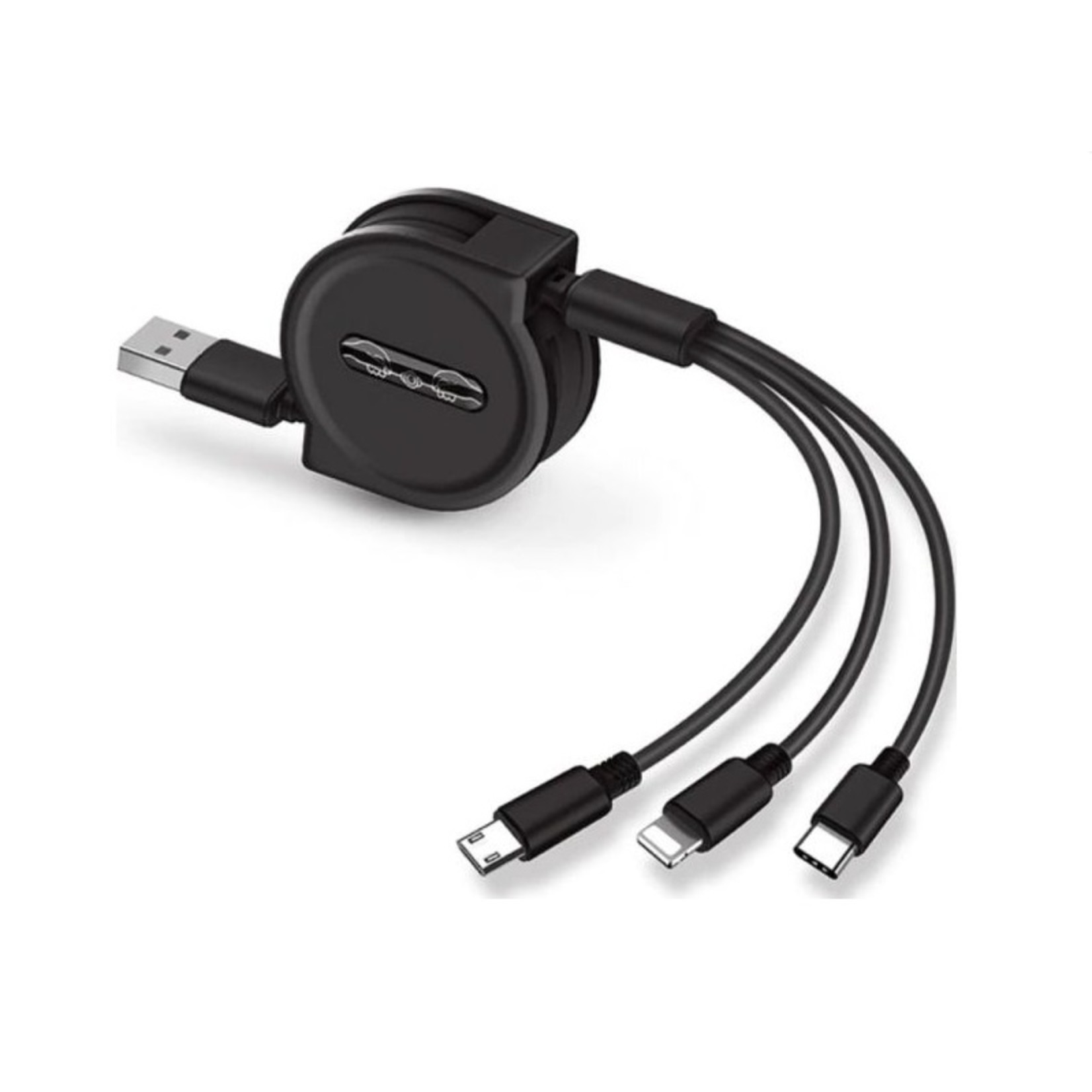 3 in 1 Intrekbare Oplaadkabel - stekkers voor iPhone Lightning / USB-C / Micro-USB - 1.2 Meter Oplader Spiral Data Kabel Zwart