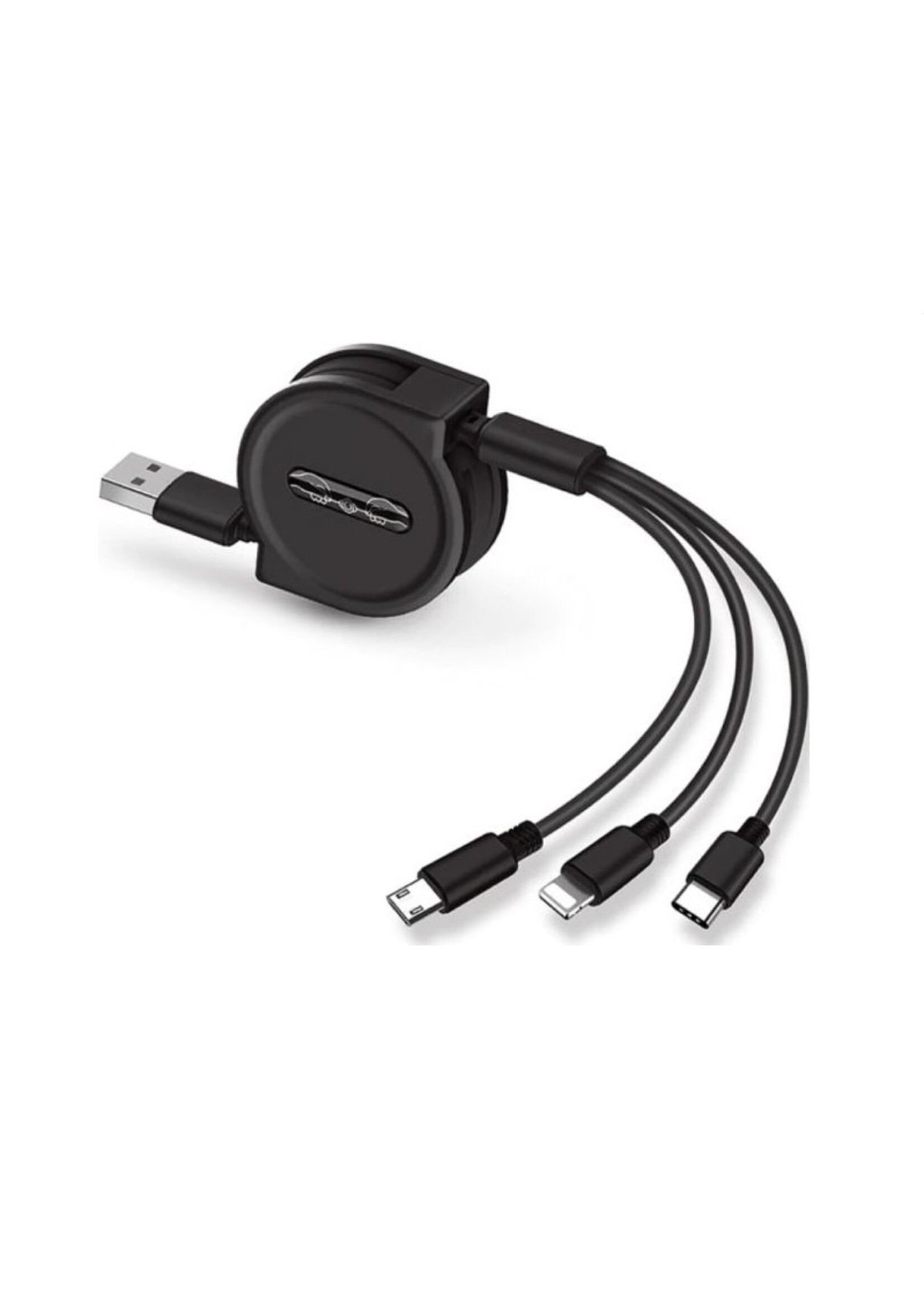 3 in 1 Intrekbare Oplaadkabel - stekkers voor iPhone Lightning / USB-C / Micro-USB - 1.2 Meter Oplader Spiral Data Kabel Zwart