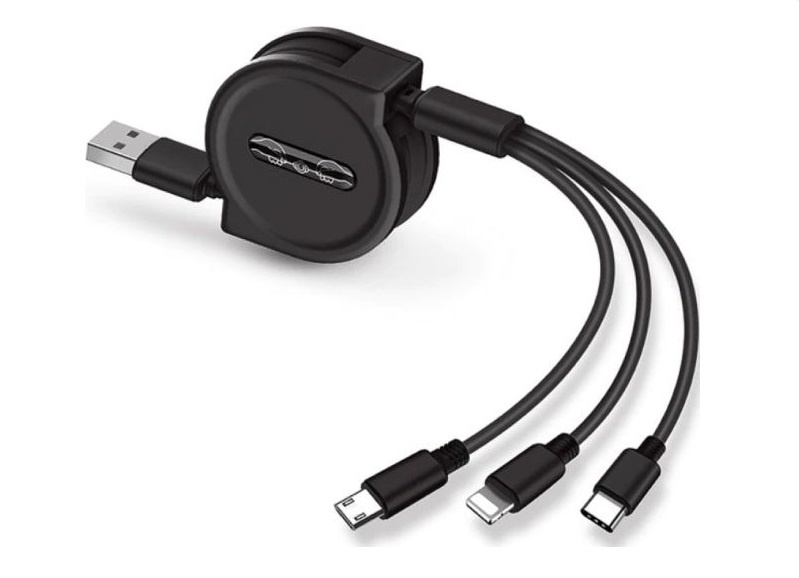 onderschrift Welke Peave 3 in 1 Intrekbare Oplaadkabel - iPhone Lightning / USB-C / Micro-USB - 1.2  Meter Oplader Spiral Data Kabel Zwart - HE Products