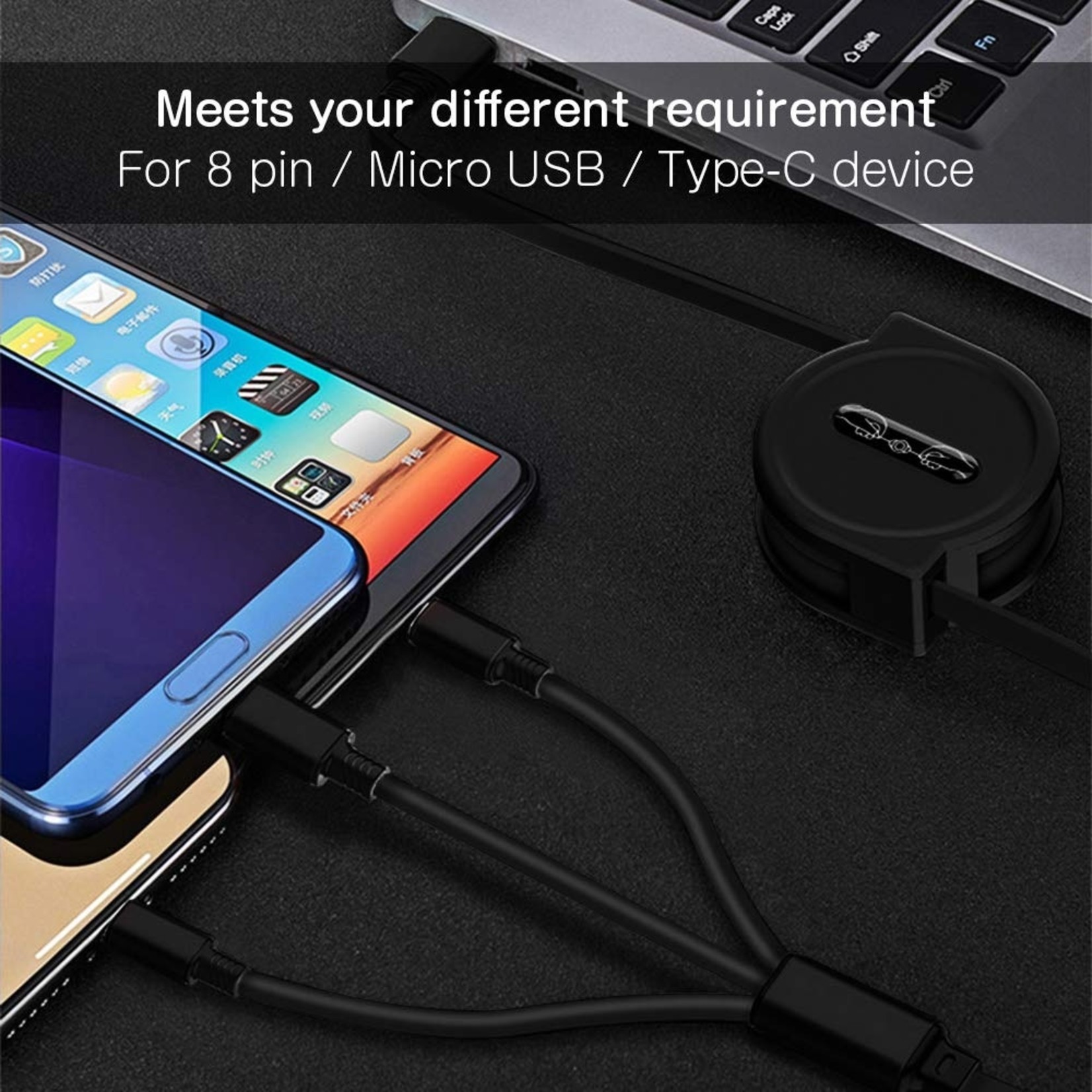 3 in 1 Intrekbare Oplaadkabel - stekkers voor iPhone Lightning / USB-C / Micro-USB - 1.2 Meter Oplader Spiral Data Kabel Zwart