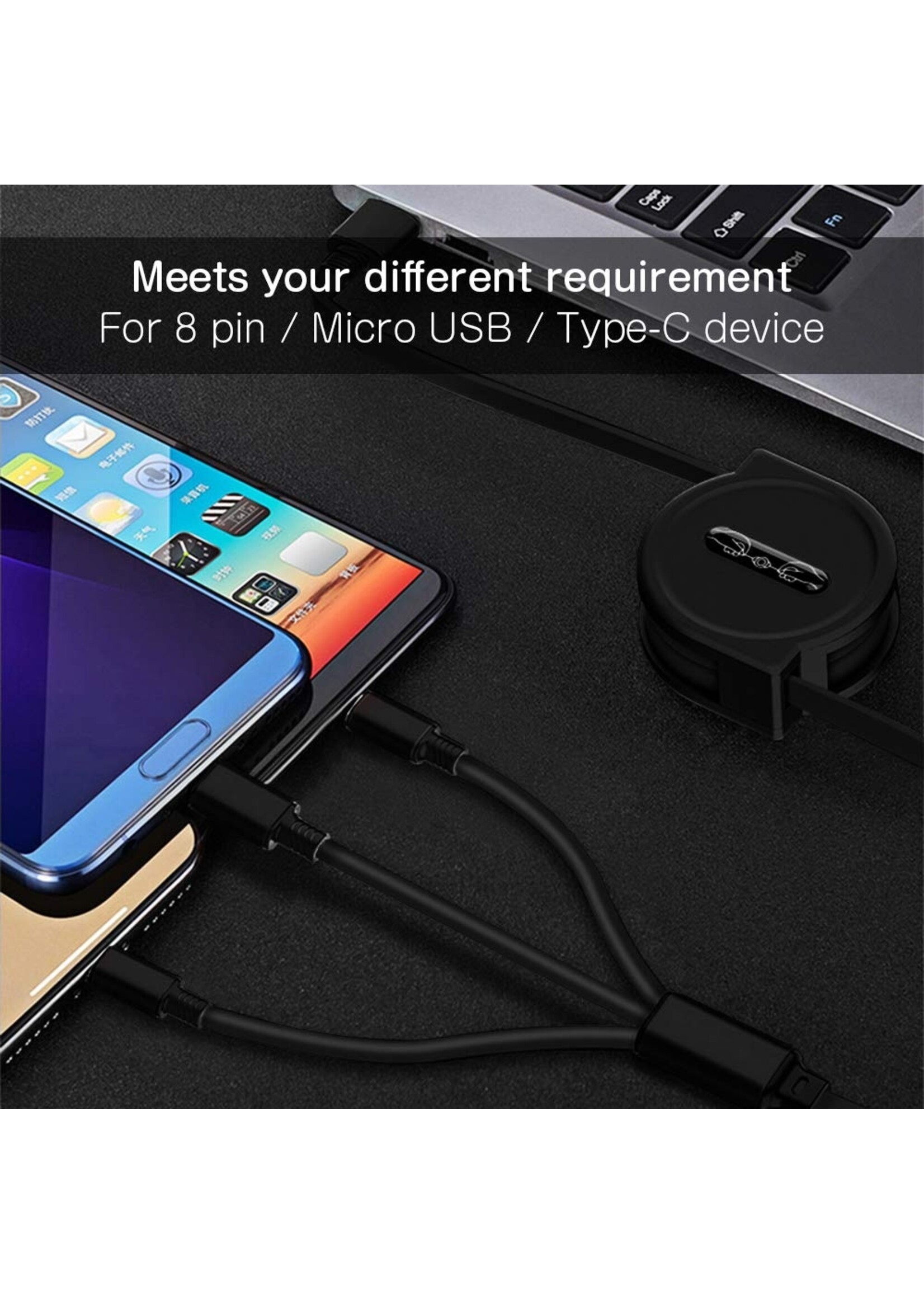3 in 1 Intrekbare Oplaadkabel - stekkers voor iPhone Lightning / USB-C / Micro-USB - 1.2 Meter Oplader Spiral Data Kabel Zwart