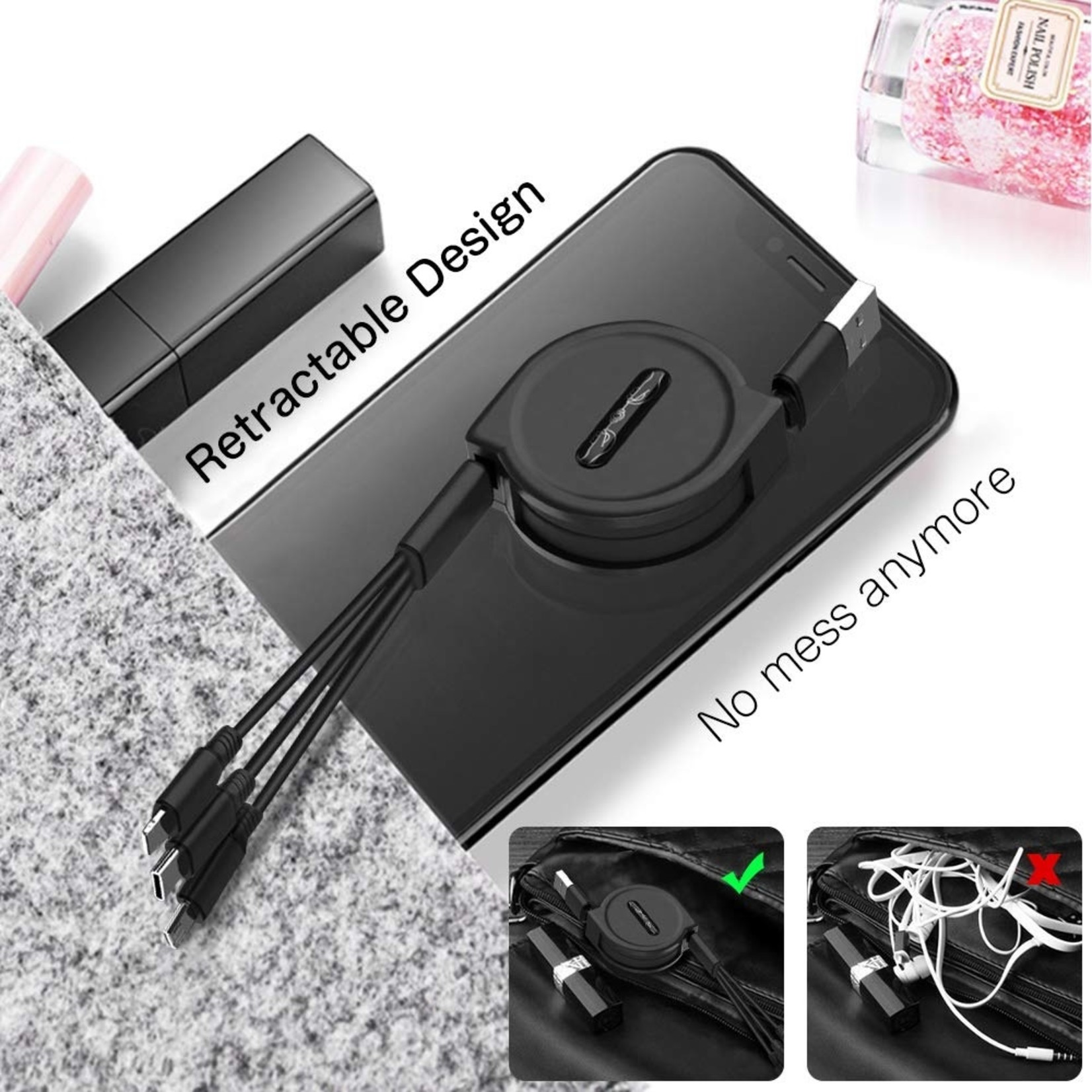 3 in 1 Intrekbare Oplaadkabel - stekkers voor iPhone Lightning / USB-C / Micro-USB - 1.2 Meter Oplader Spiral Data Kabel Zwart