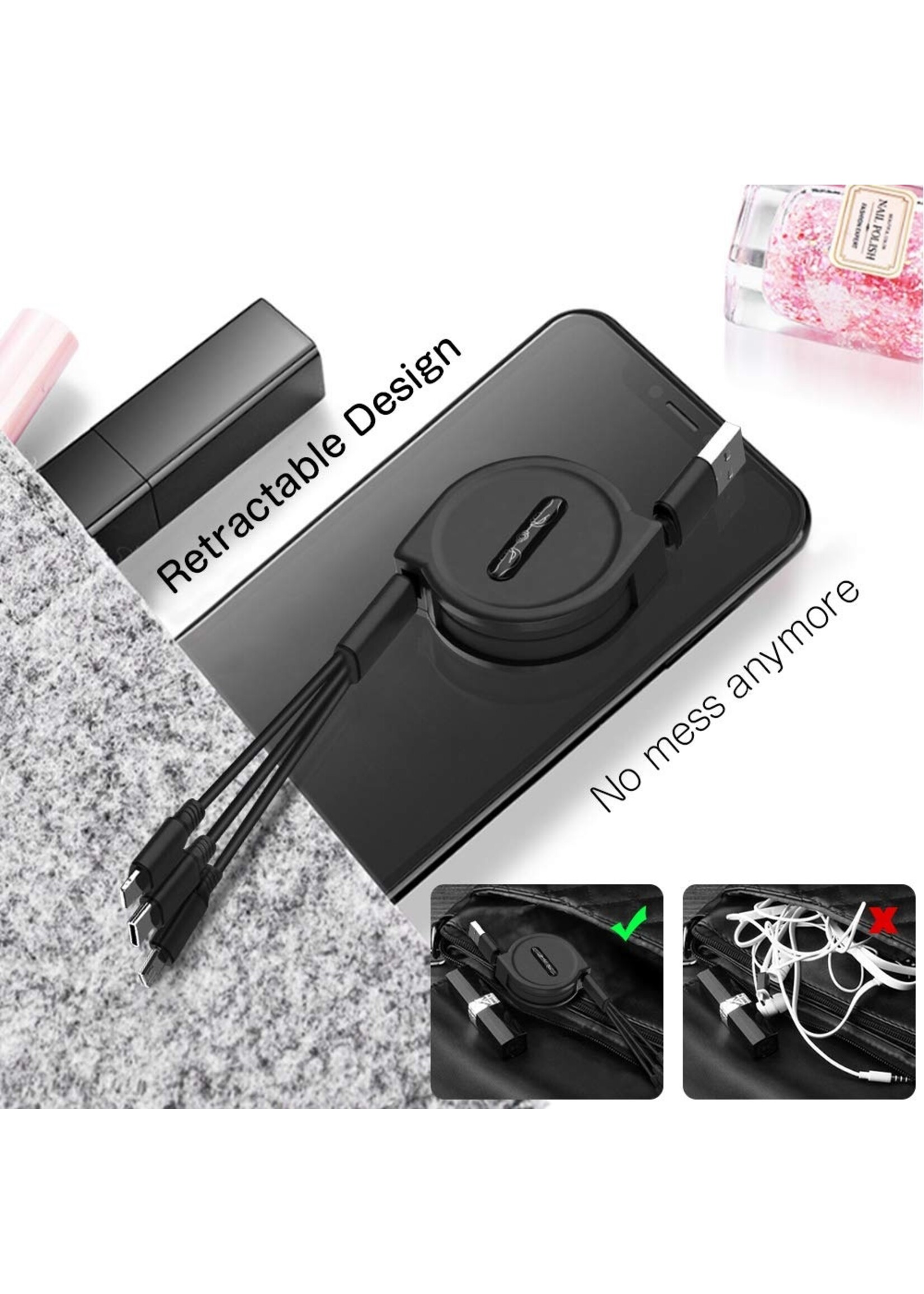 3 in 1 Intrekbare Oplaadkabel - stekkers voor iPhone Lightning / USB-C / Micro-USB - 1.2 Meter Oplader Spiral Data Kabel Zwart