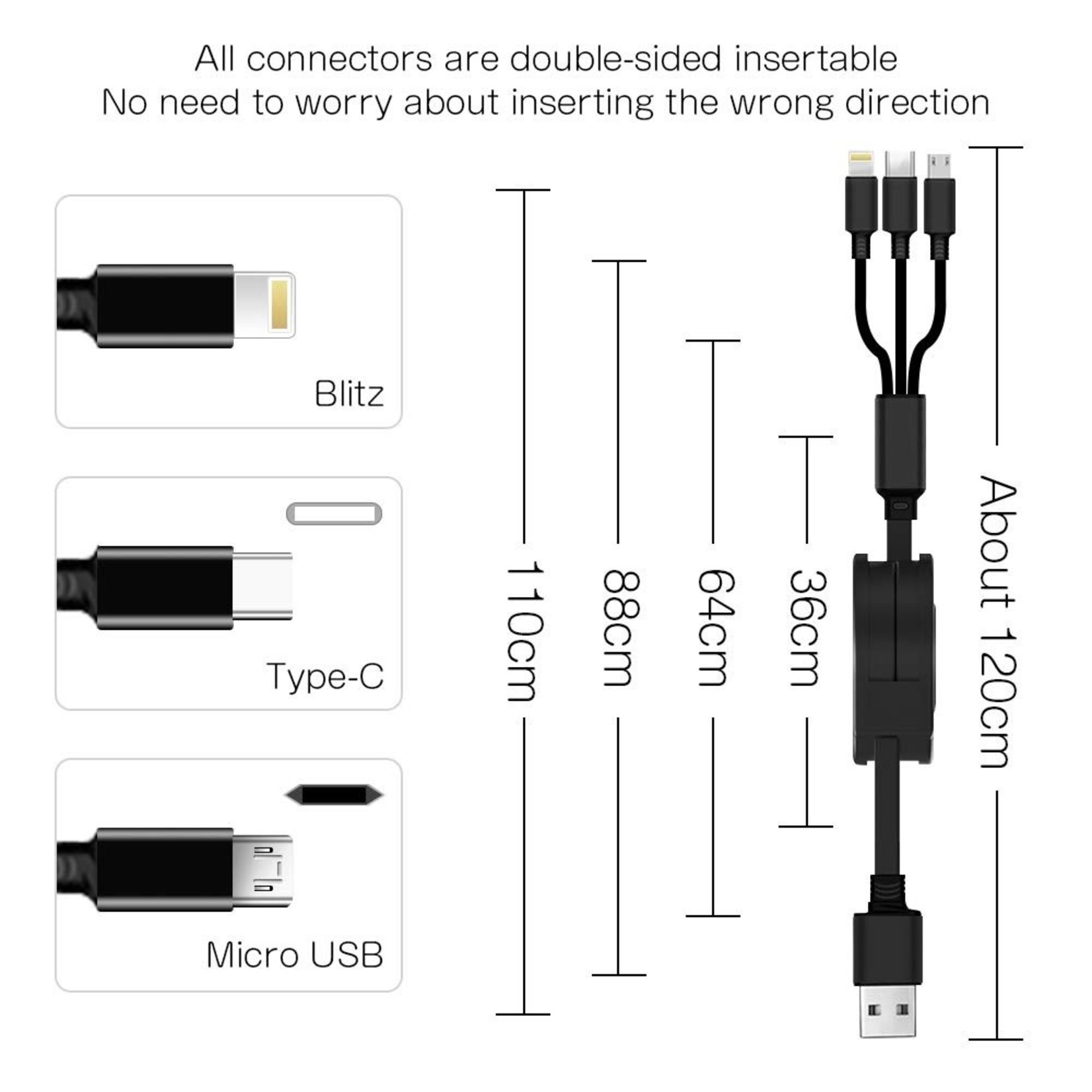 3 in 1 Intrekbare Oplaadkabel - stekkers voor iPhone Lightning / USB-C / Micro-USB - 1.2 Meter Oplader Spiral Data Kabel Zwart