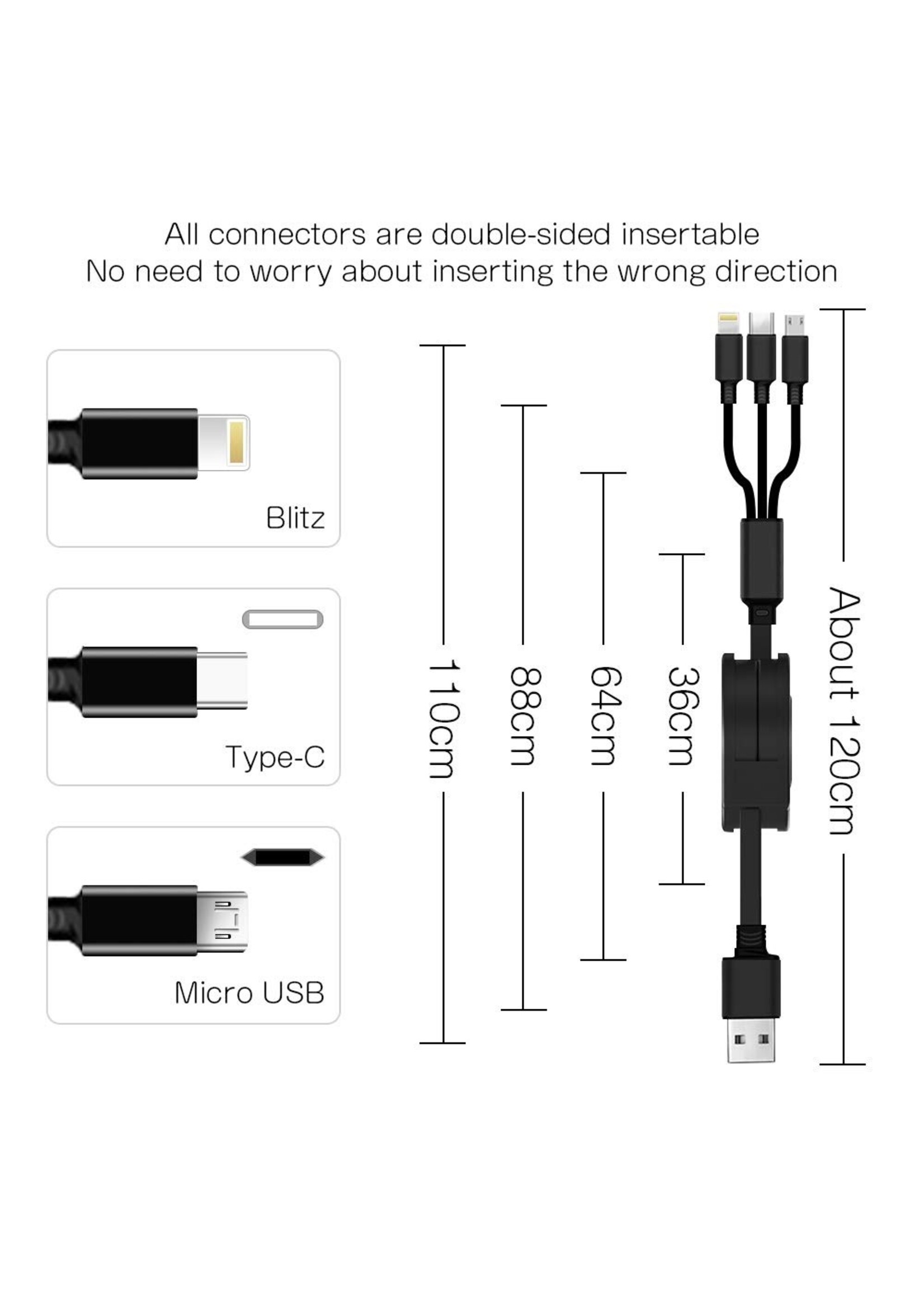 3 in 1 Intrekbare Oplaadkabel - stekkers voor iPhone Lightning / USB-C / Micro-USB - 1.2 Meter Oplader Spiral Data Kabel Zwart