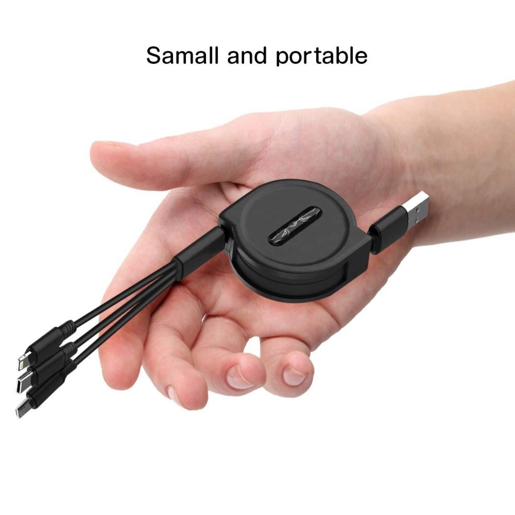 3 in 1 Intrekbare Oplaadkabel - stekkers voor iPhone Lightning / USB-C / Micro-USB - 1.2 Meter Oplader Spiral Data Kabel Zwart