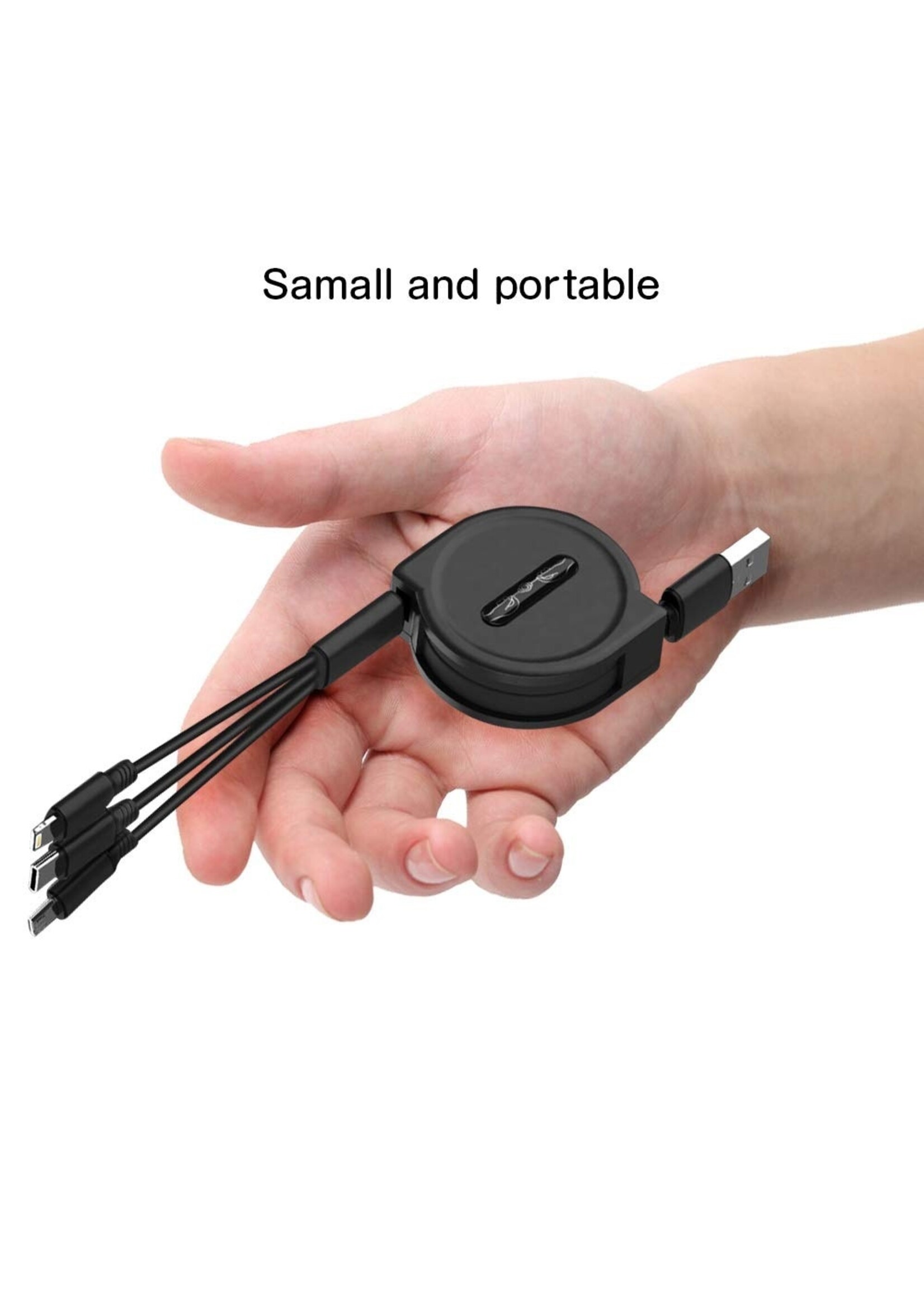 3 in 1 Intrekbare Oplaadkabel - stekkers voor iPhone Lightning / USB-C / Micro-USB - 1.2 Meter Oplader Spiral Data Kabel Zwart