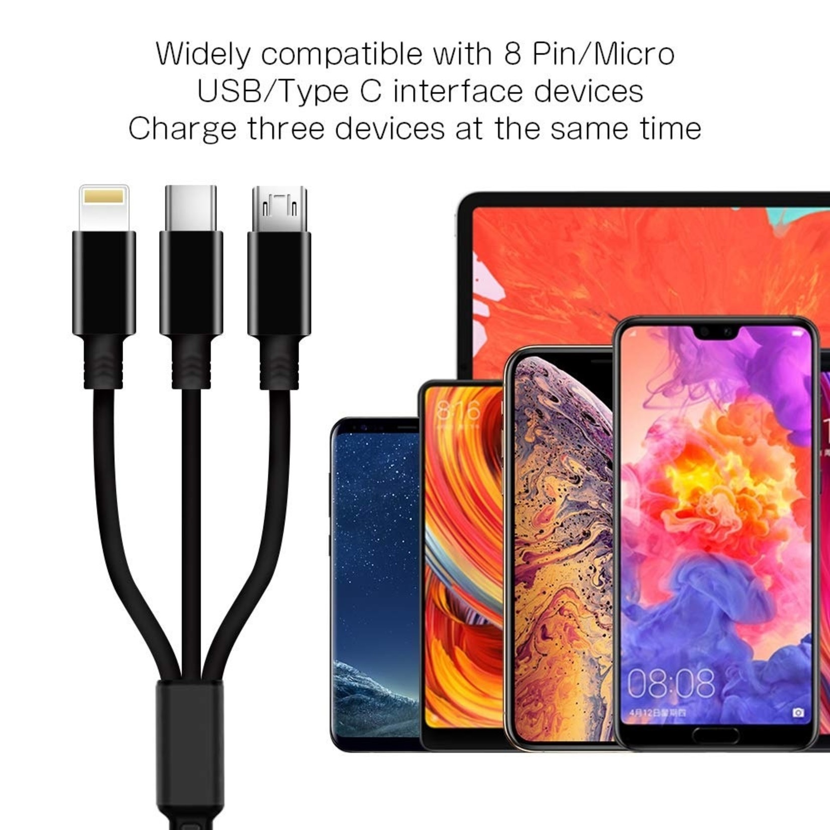 3 in 1 Intrekbare Oplaadkabel - stekkers voor iPhone Lightning / USB-C / Micro-USB - 1.2 Meter Oplader Spiral Data Kabel Zwart