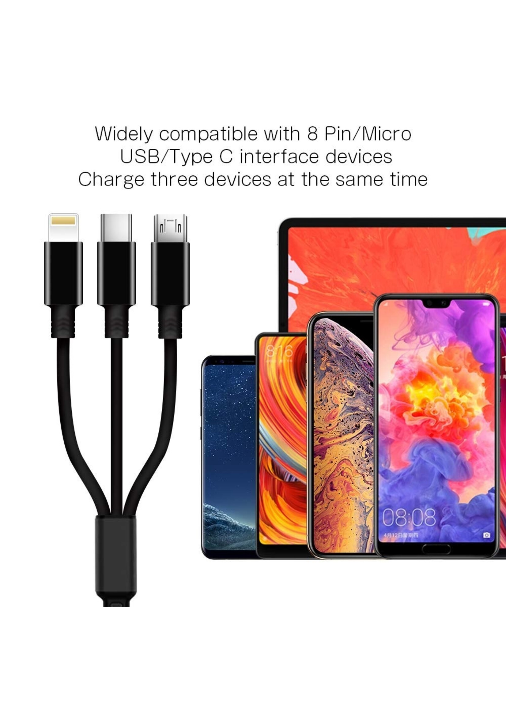 3 in 1 Intrekbare Oplaadkabel - stekkers voor iPhone Lightning / USB-C / Micro-USB - 1.2 Meter Oplader Spiral Data Kabel Zwart