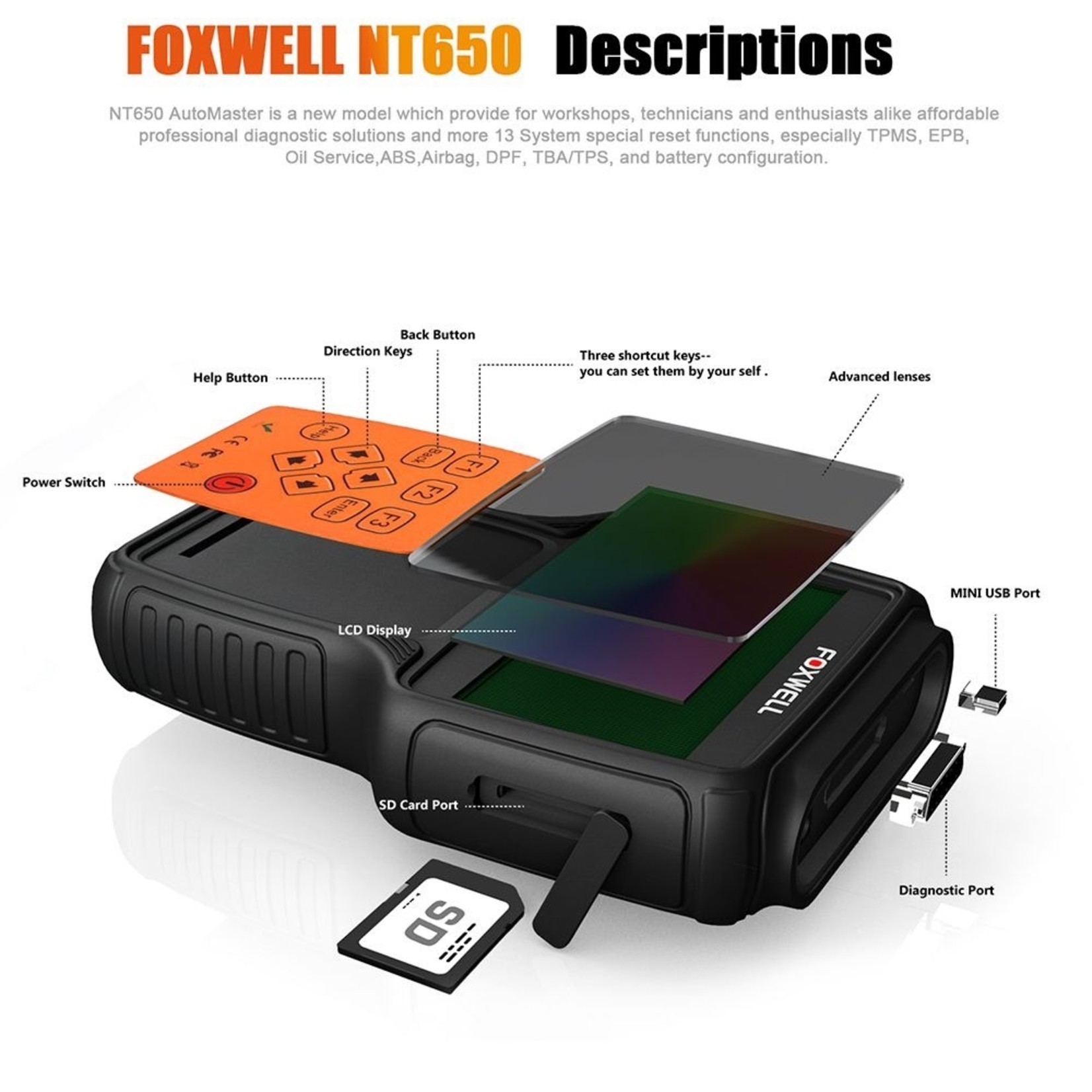 Foxwell FOXWELL NT650 OBD2 Automotive Scanner ABS Airbag SAS EPB DPF Olie Service Reset OBD 2 ODB2 Auto Diagnostisch Hulpmiddel Auto OBD2 Scanner, Professionele Speciale Functie Scanner