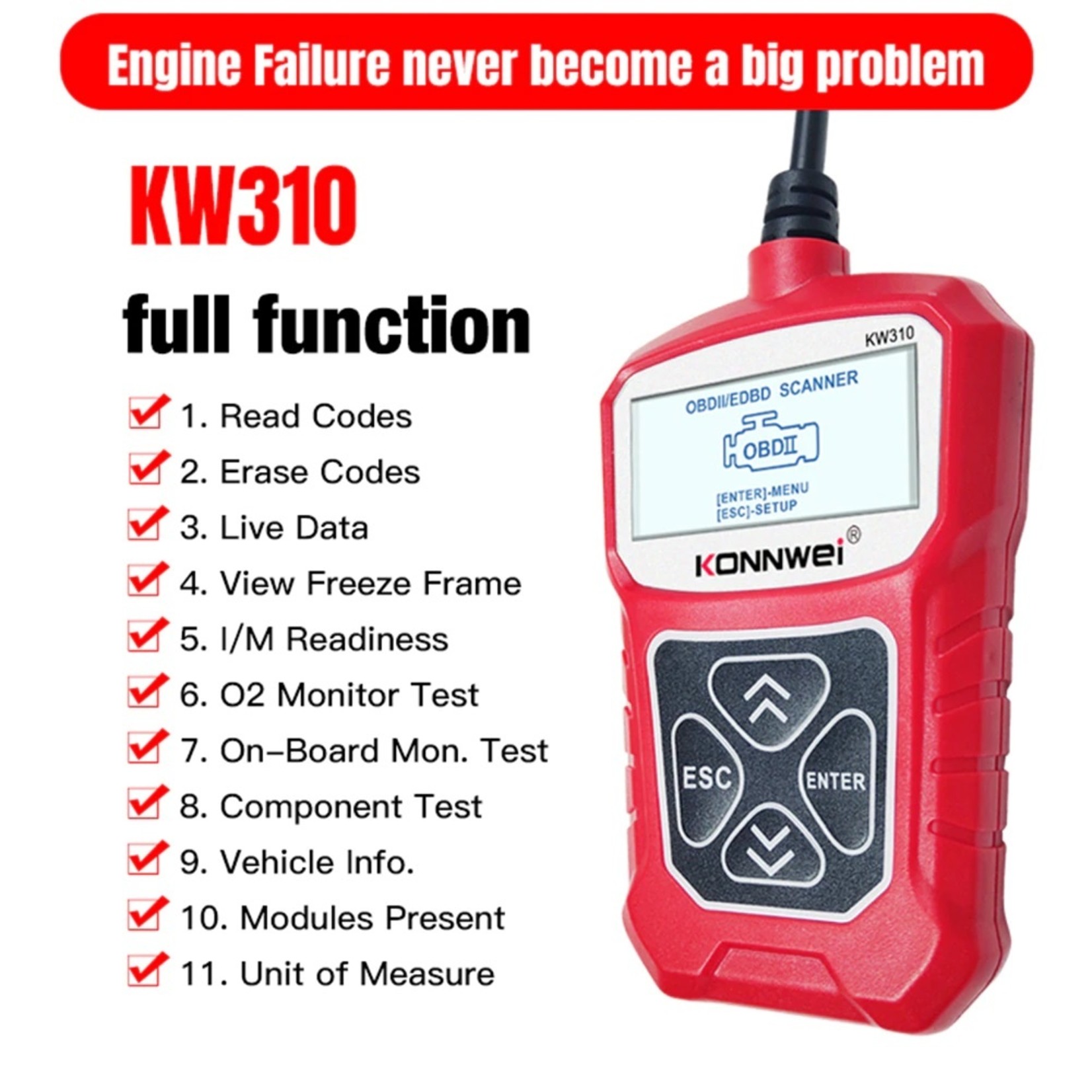KONNWEI KW310 OBD2 Scanner Professionele Automotive Code Reader Volledige OBD2 Scanner Multi-talen Auto Diagnostisch Scan Tool - Zwart of Rood
