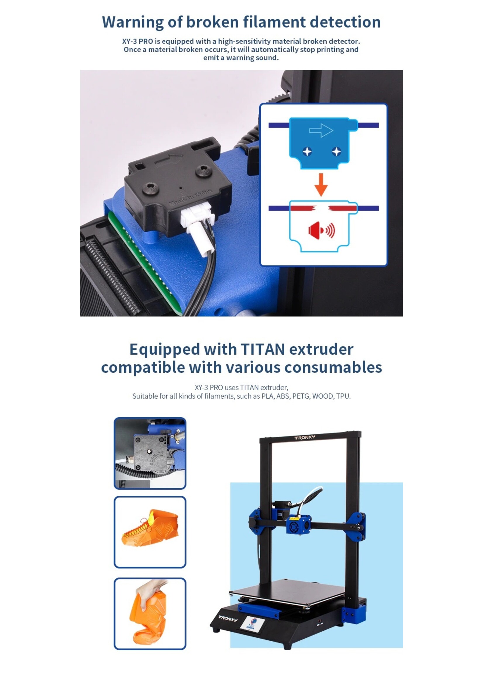 Tronxy XY-3 Pro 3D-printer Ultrastil moederbord Titan Extruder Snelle montage Automatische nivellering Hervat afdrukken 3D-kits 300x300x400mm Compatibel met PLA ABS PETG WOOD TPU.
