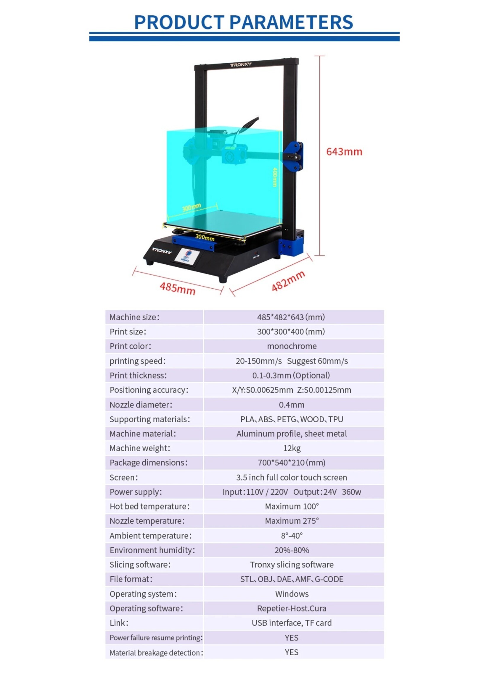 Tronxy XY-3 Pro 3D-printer Ultrastil moederbord Titan Extruder Snelle montage Automatische nivellering Hervat afdrukken 3D-kits 300x300x400mm Compatibel met PLA ABS PETG WOOD TPU.