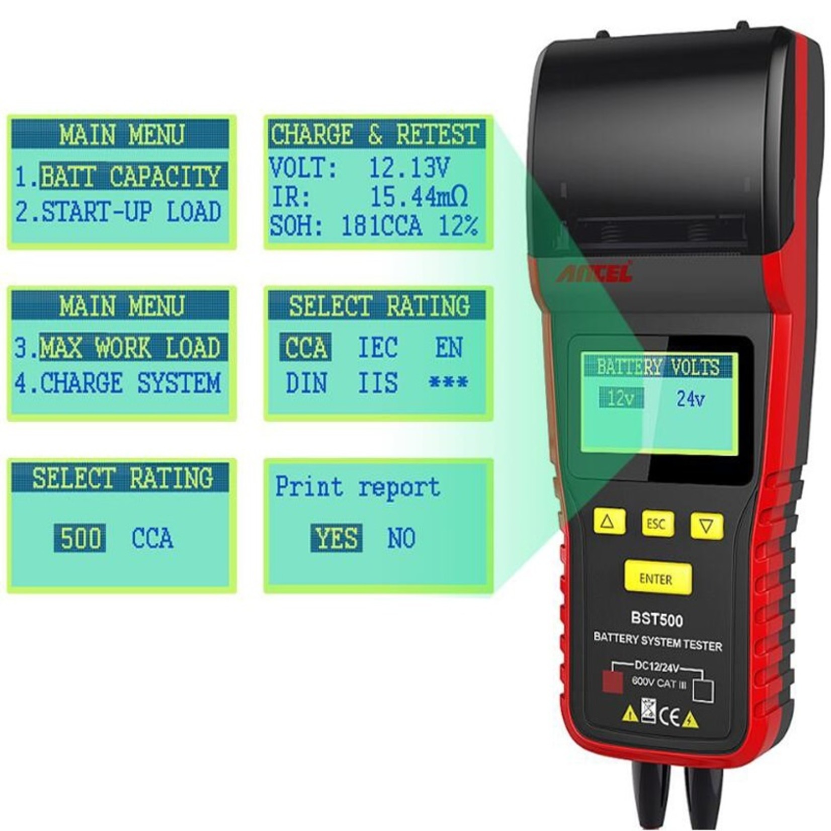 Ancel ANCEL BST500 12V Auto Batterij Tester 24V Truck Batterij Scanner Met Thermische Printer Ondersteuning Meerdere Rating Batterij Analyzer