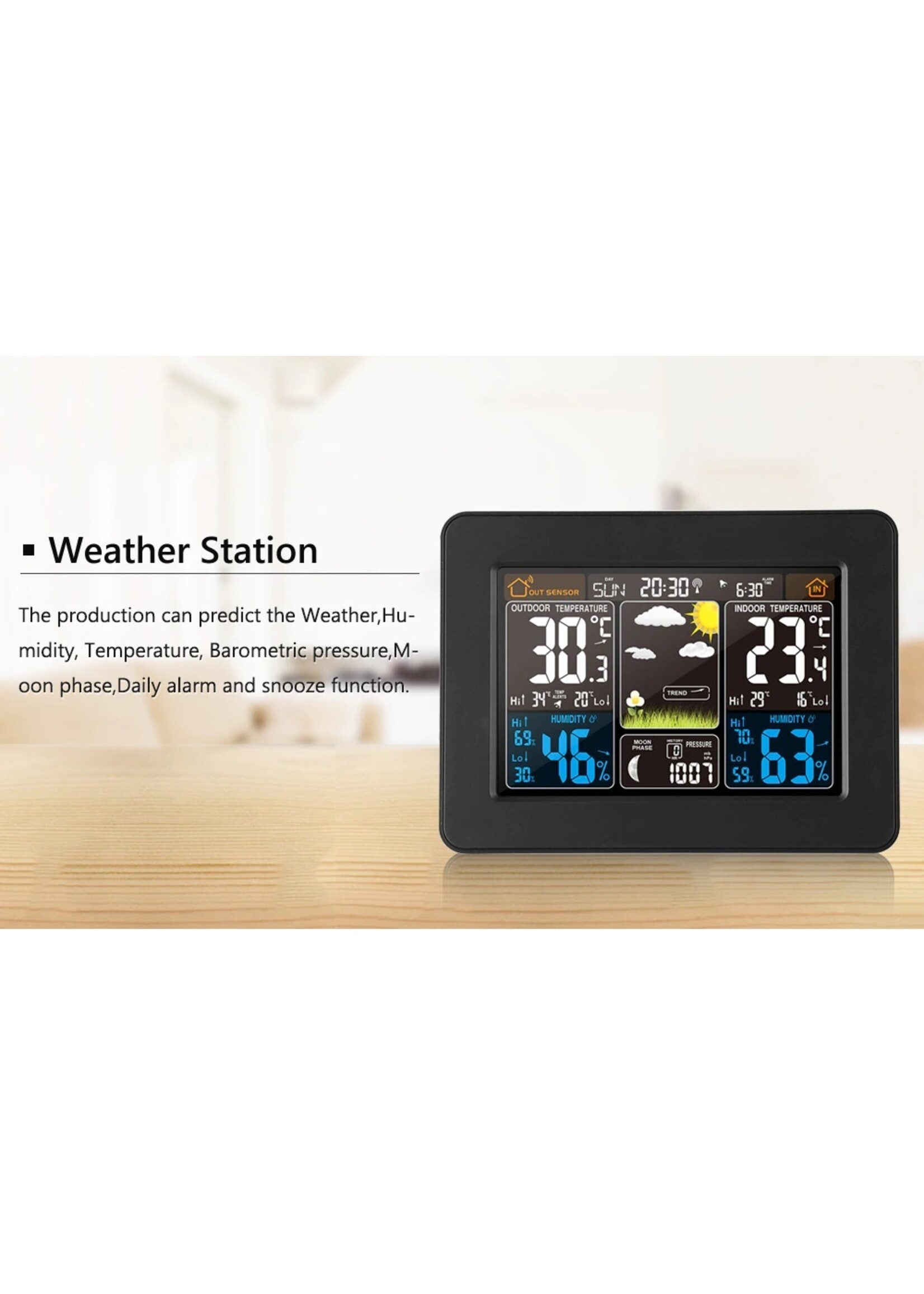 FanJu FJ3365 Weerstation – Draadloos - Binnen Buiten Sensor - Thermometer Hygrometer Digitale Wekker Barometer Voorspelling