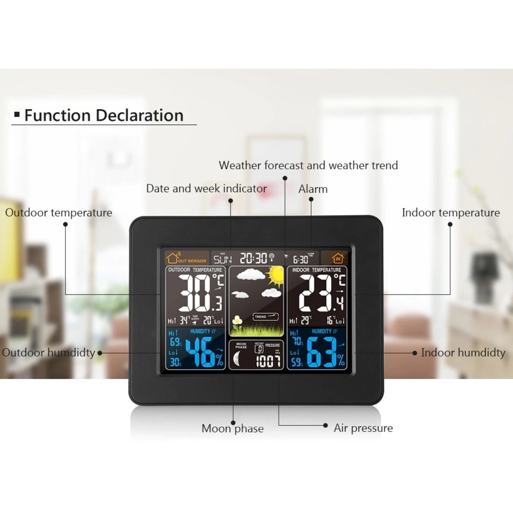 FanJu FJ3365 Weerstation – Draadloos - Binnen Buiten Sensor - Thermometer Hygrometer Digitale Wekker Barometer Voorspelling