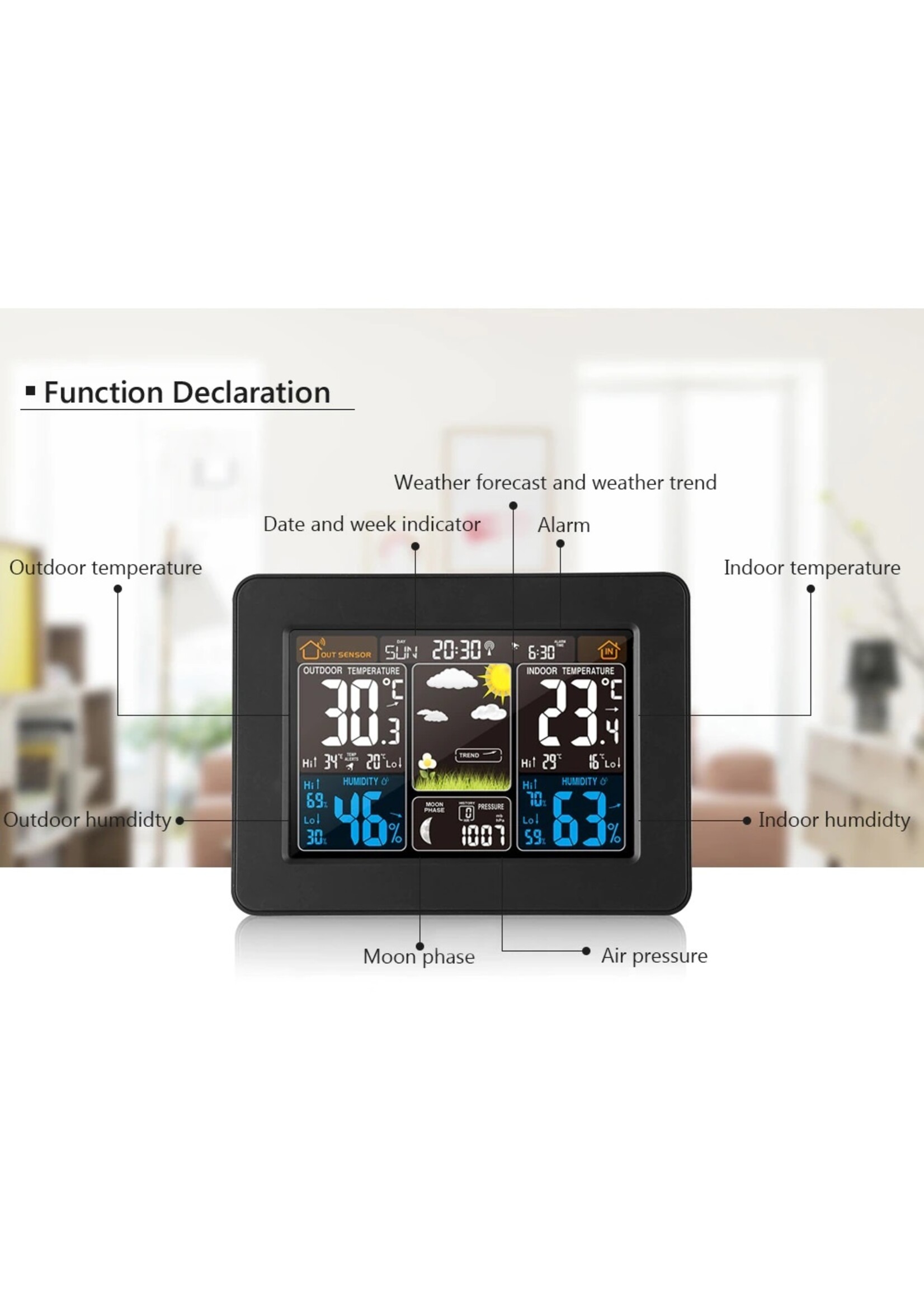 FanJu FJ3365 Weerstation – Draadloos - Binnen Buiten Sensor - Thermometer Hygrometer Digitale Wekker Barometer Voorspelling