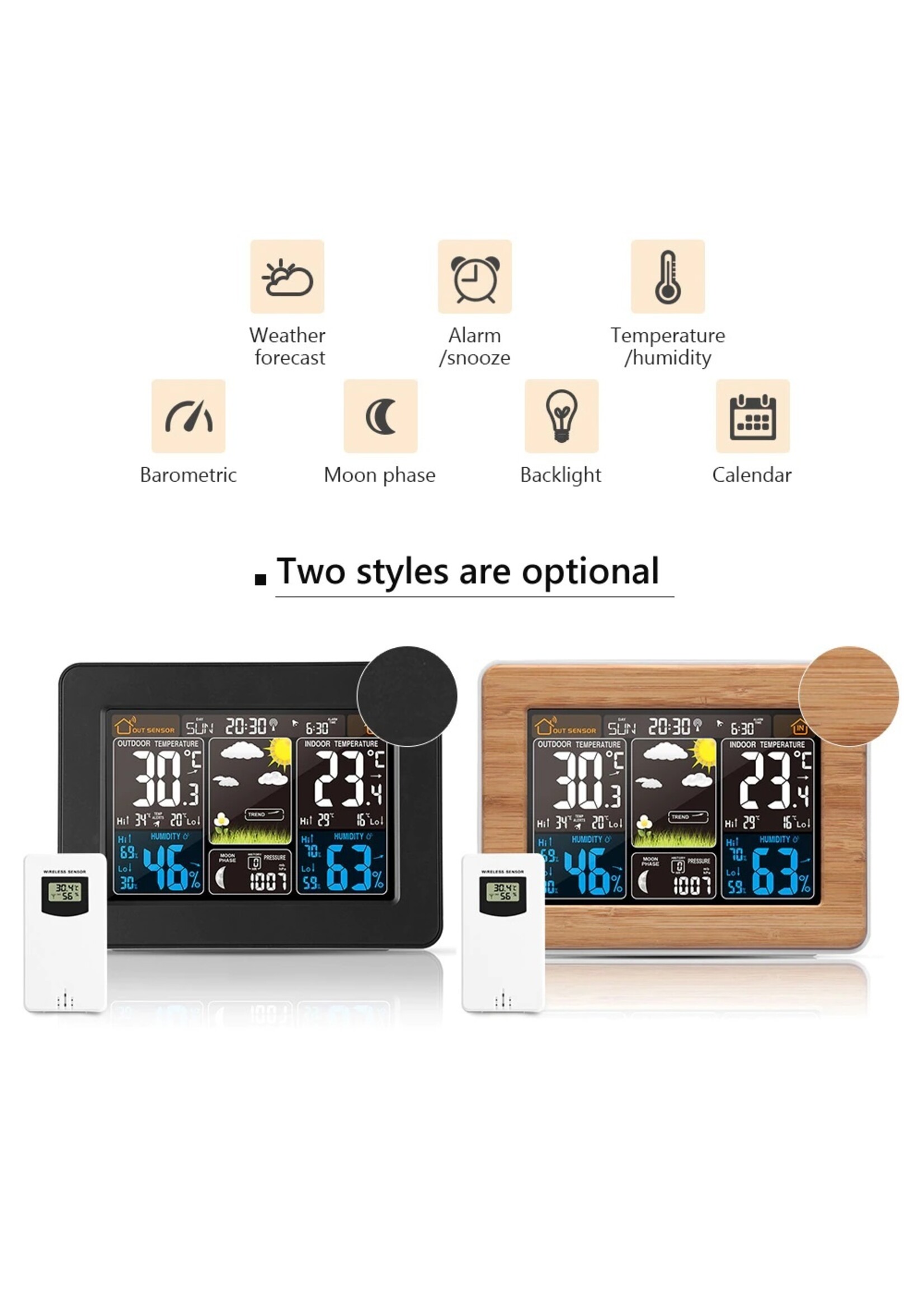 FanJu FJ3365 Weerstation – Draadloos - Binnen Buiten Sensor - Thermometer Hygrometer Digitale Wekker Barometer Voorspelling