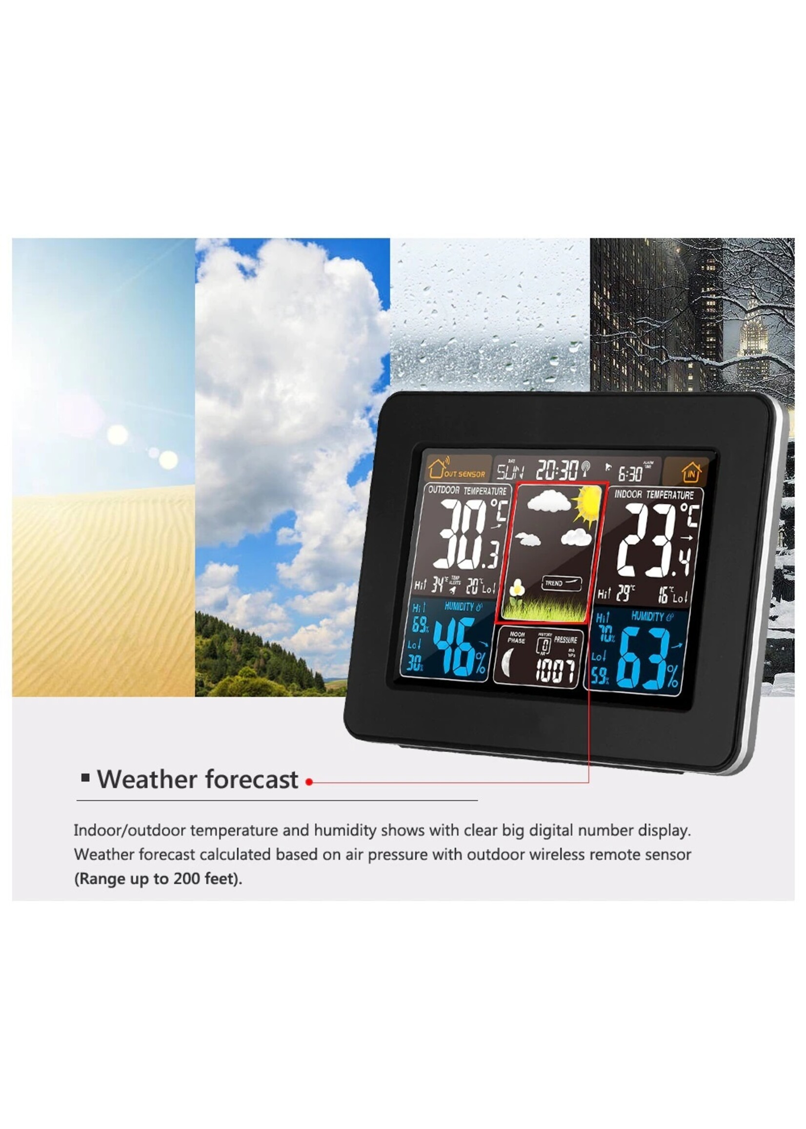 FanJu FJ3365 Weerstation – Draadloos - Binnen Buiten Sensor - Thermometer Hygrometer Digitale Wekker Barometer Voorspelling