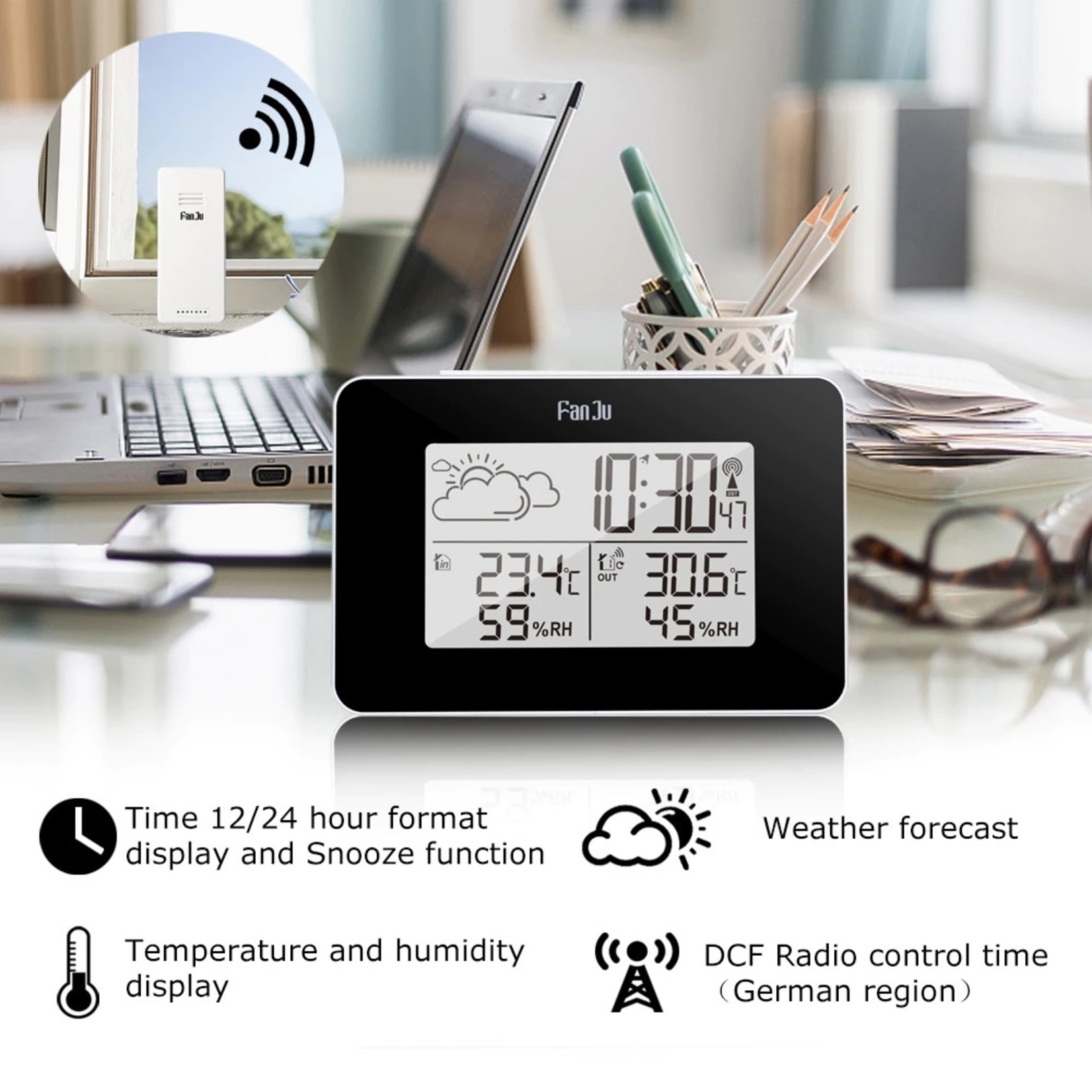 FanJu FJ3364 Digitale wekker Weerstation Draadloze sensor Hygrometer Thermometer