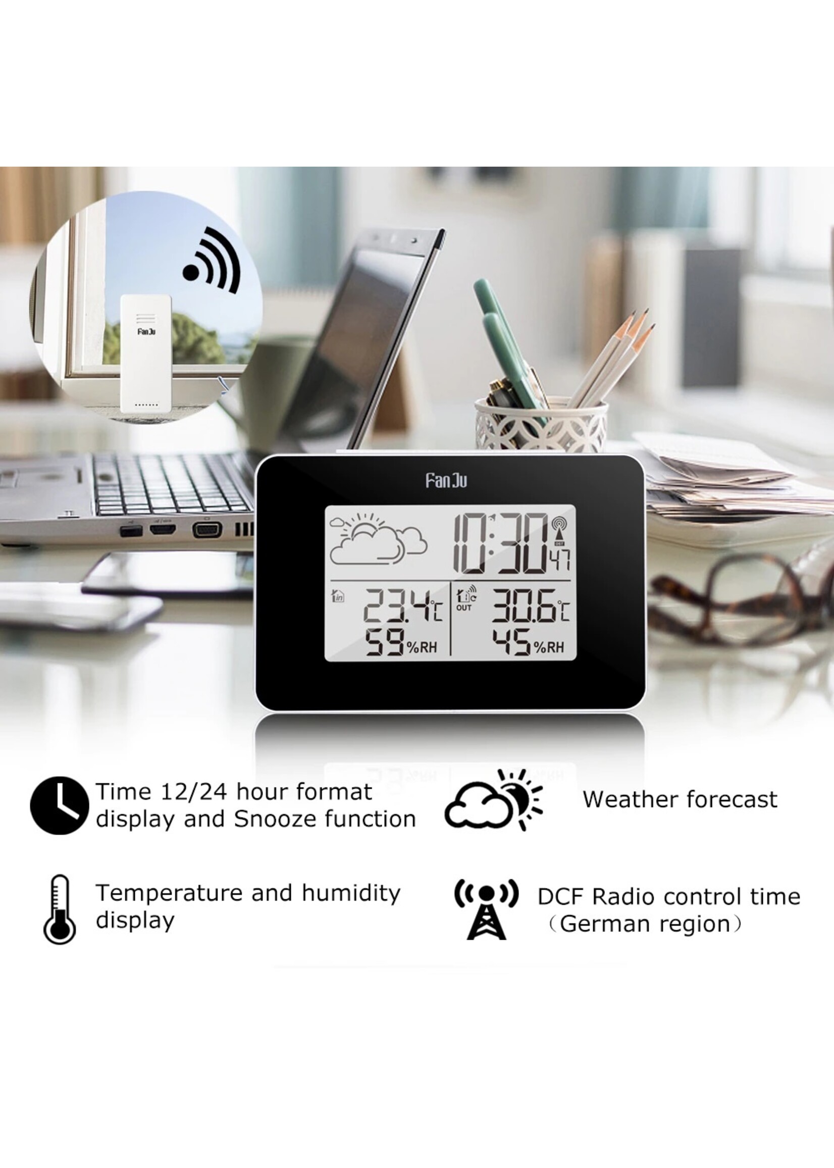 FanJu FJ3364 Digitale wekker Weerstation Draadloze sensor Hygrometer Thermometer