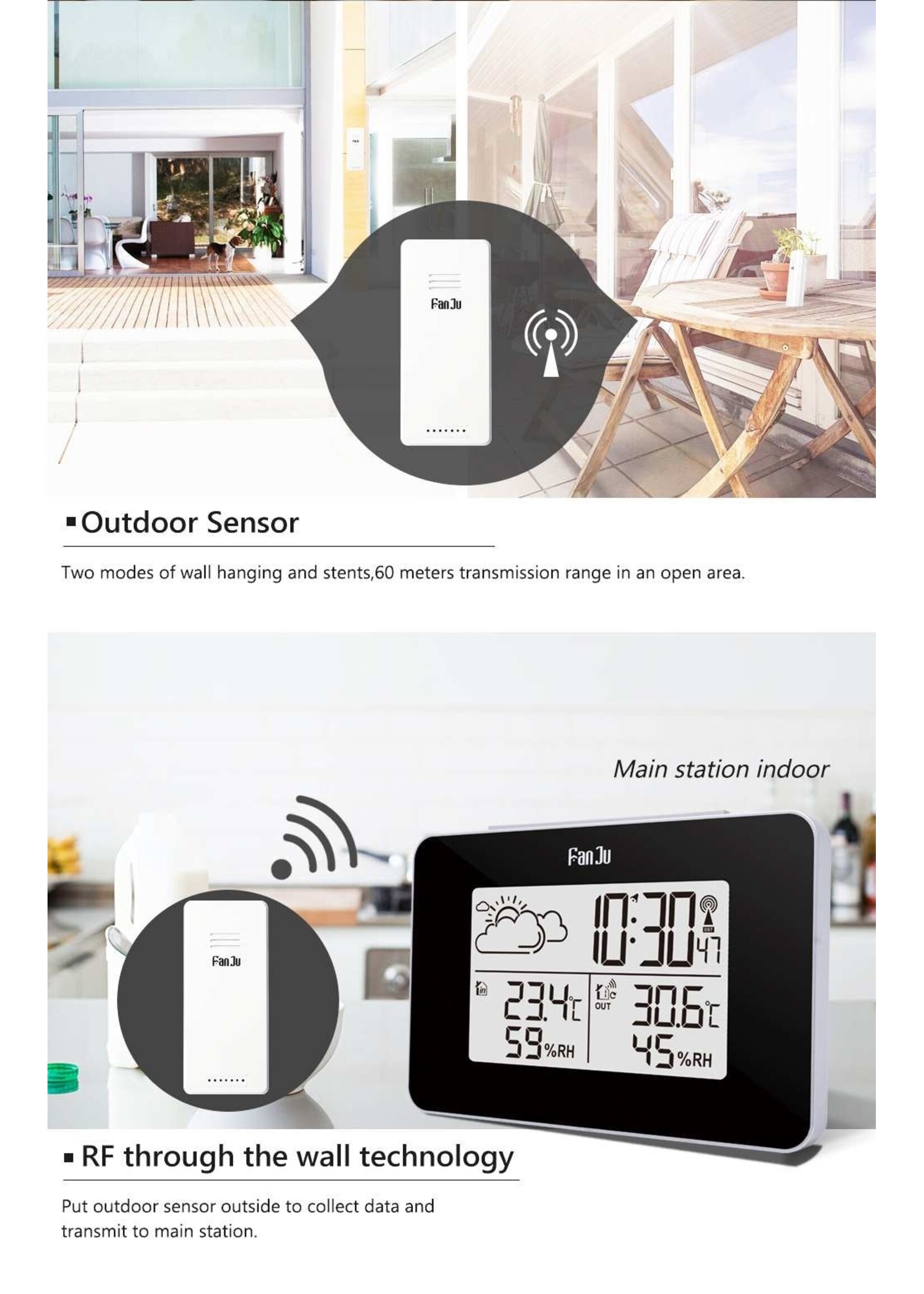 FanJu FJ3364 Digitale wekker Weerstation Draadloze sensor Hygrometer Thermometer