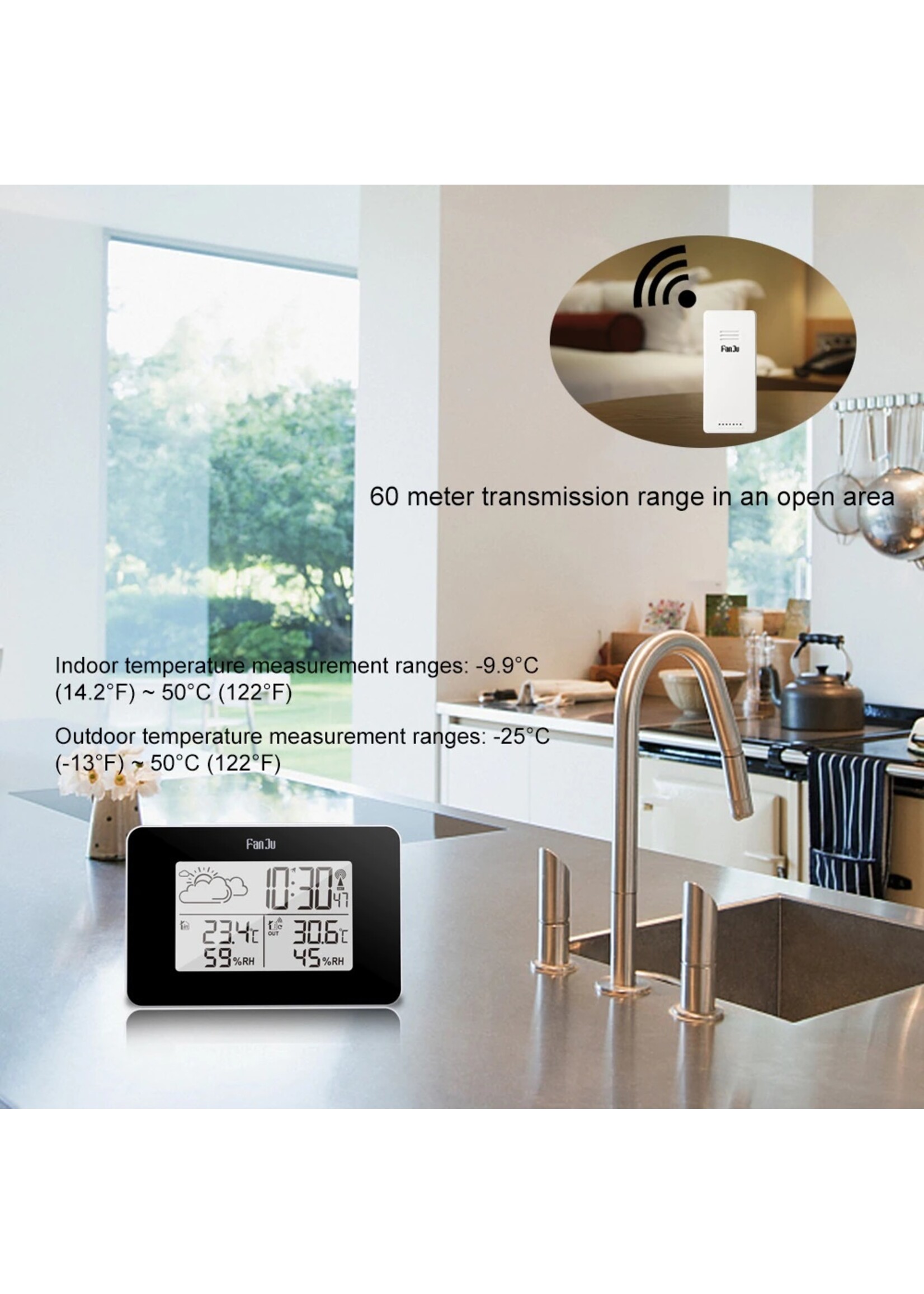 FanJu FJ3364 Digitale wekker Weerstation Draadloze sensor Hygrometer Thermometer