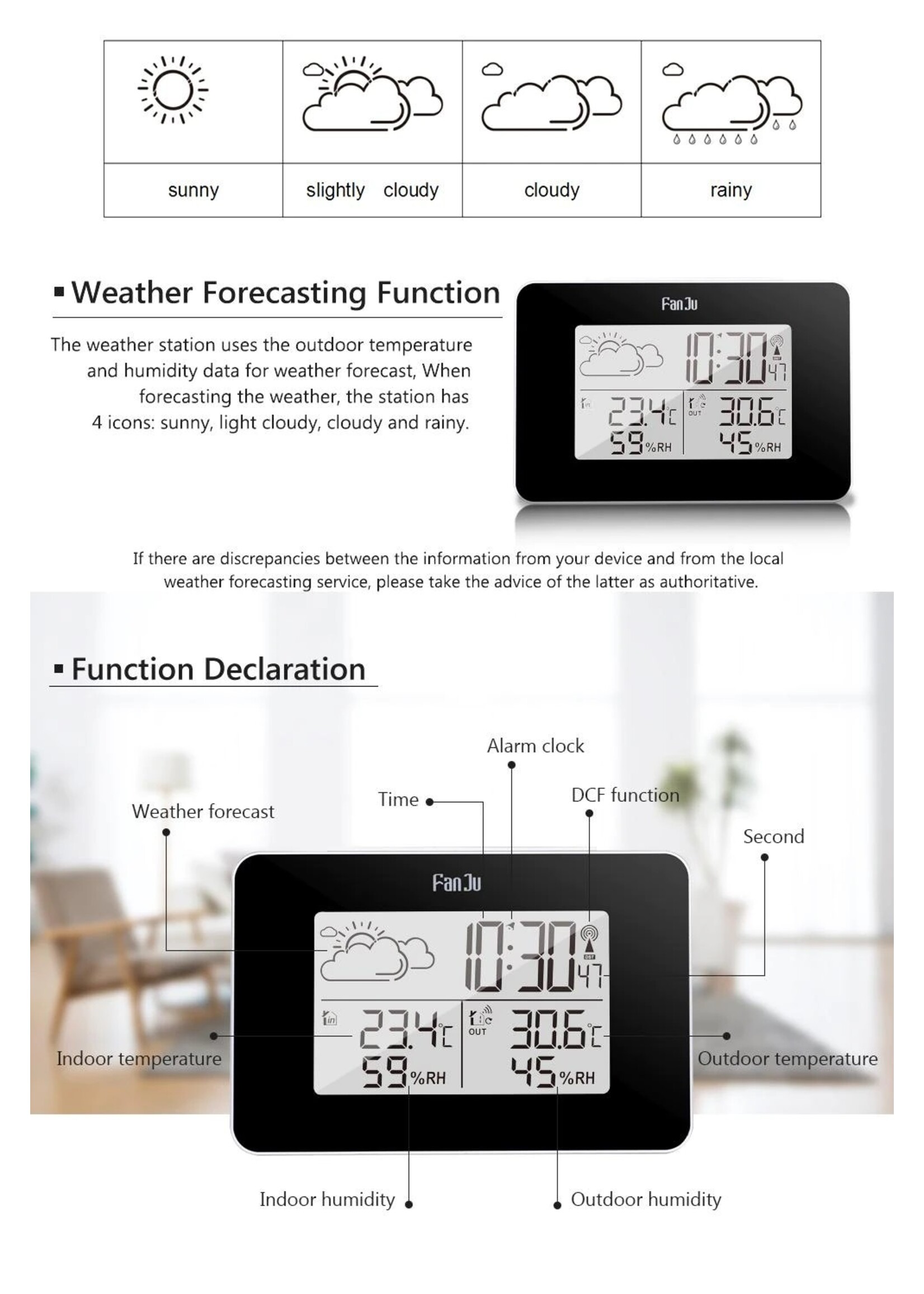FanJu FJ3364 Digitale wekker Weerstation Draadloze sensor Hygrometer Thermometer
