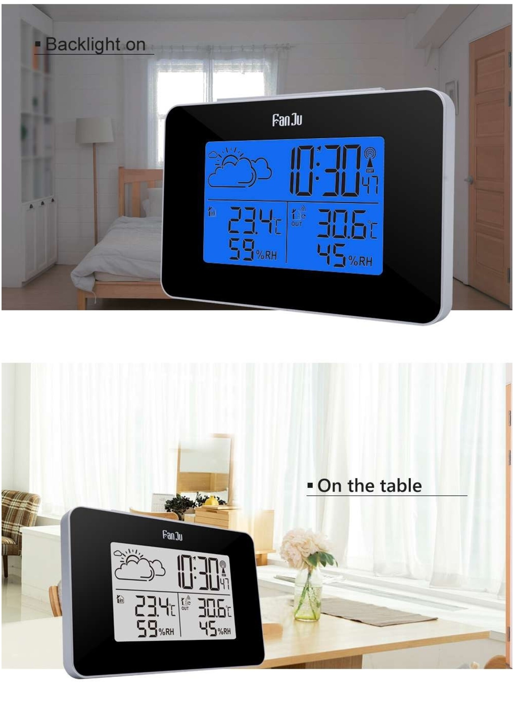 FanJu FJ3364 Digitale wekker Weerstation Draadloze sensor Hygrometer Thermometer