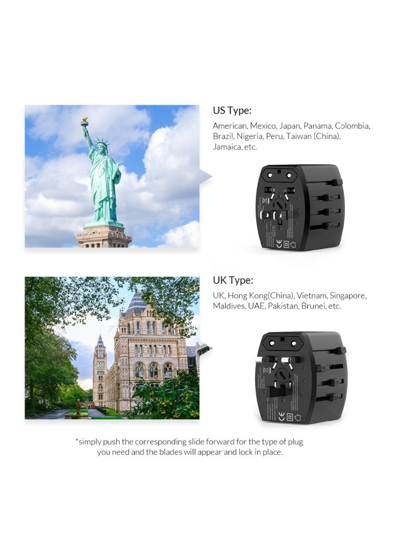 UTT-3U1C 2 USB-ADAPTER UK US AU EU MULTINATIONALE REISCONVERTERS STOPCONTACT OPLADER ZWART
