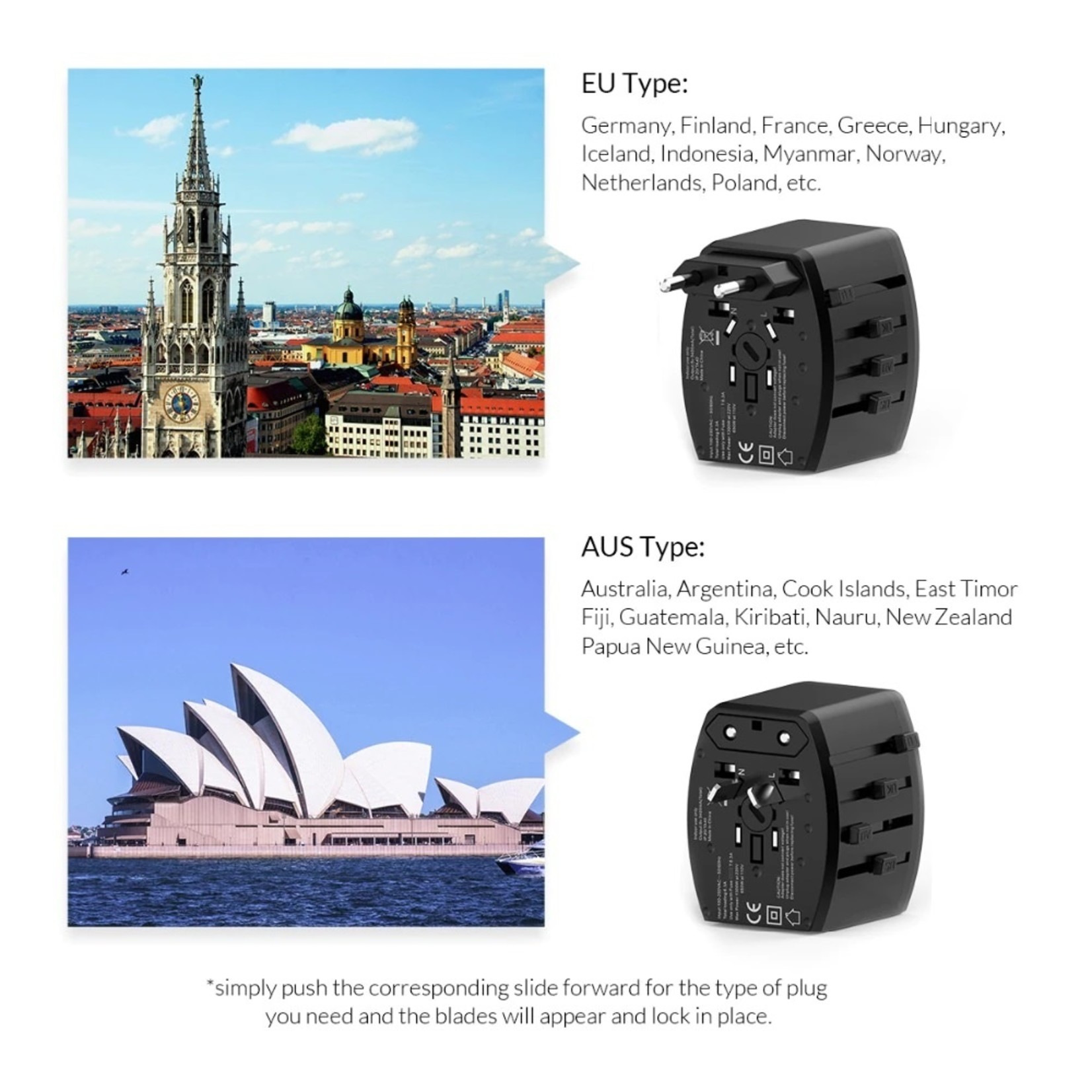 UTT-3U1C 2 USB-ADAPTER UK US AU EU MULTINATIONALE REISCONVERTERS STOPCONTACT OPLADER ZWART