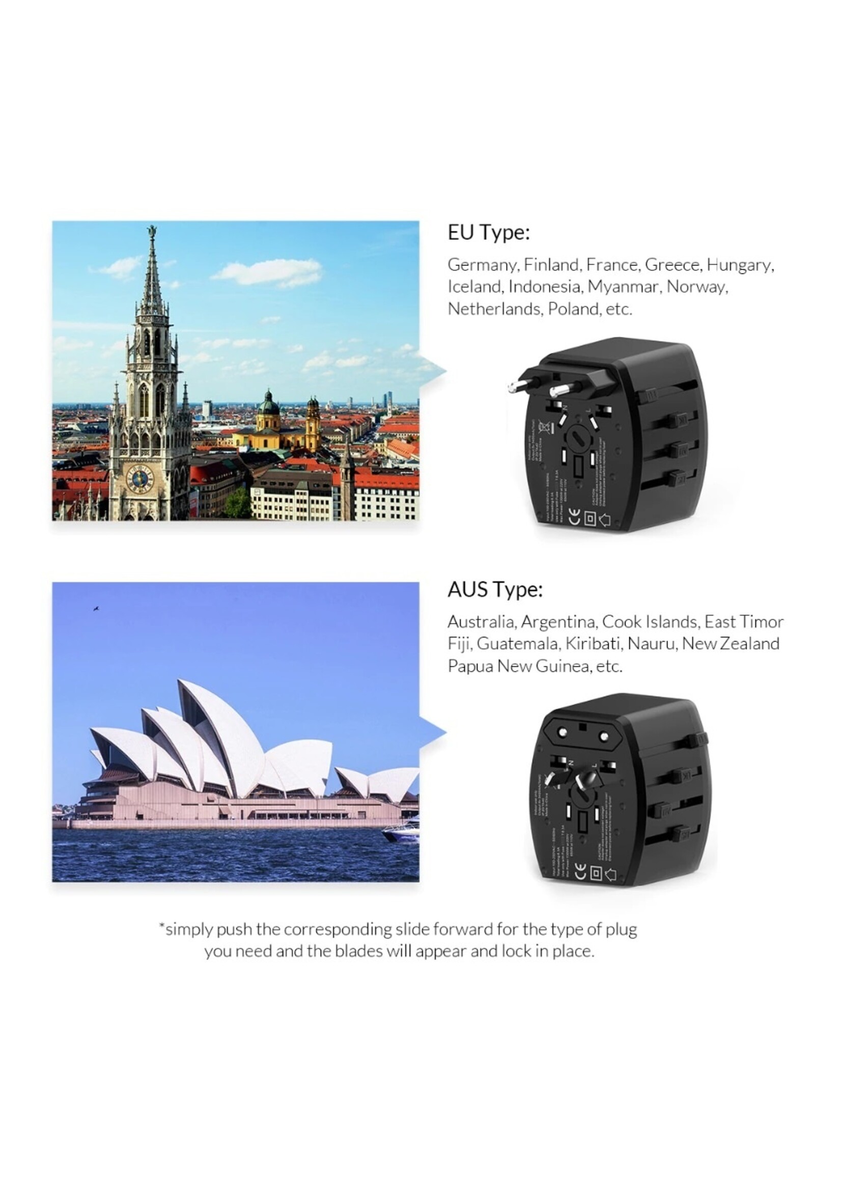 UTT-3U1C 2 USB-ADAPTER UK US AU EU MULTINATIONALE REISCONVERTERS STOPCONTACT OPLADER ZWART