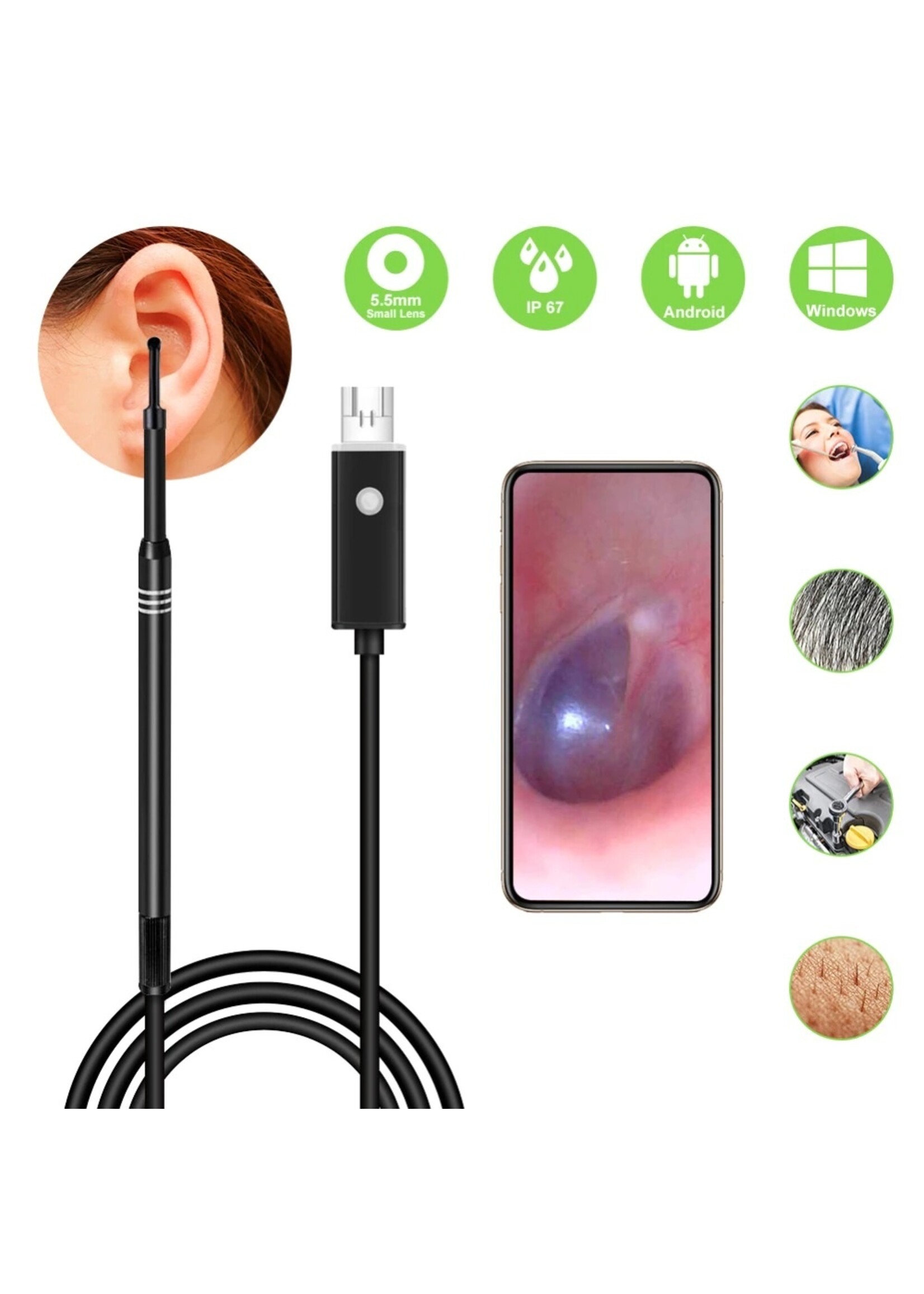 2-in-1 USB HD Visuele Oor Gezondheidszorg Schoonmaak Lepel Tool 5.5mm Multifunctionele Earpick Met Mini Camera endoscoop Voor Android