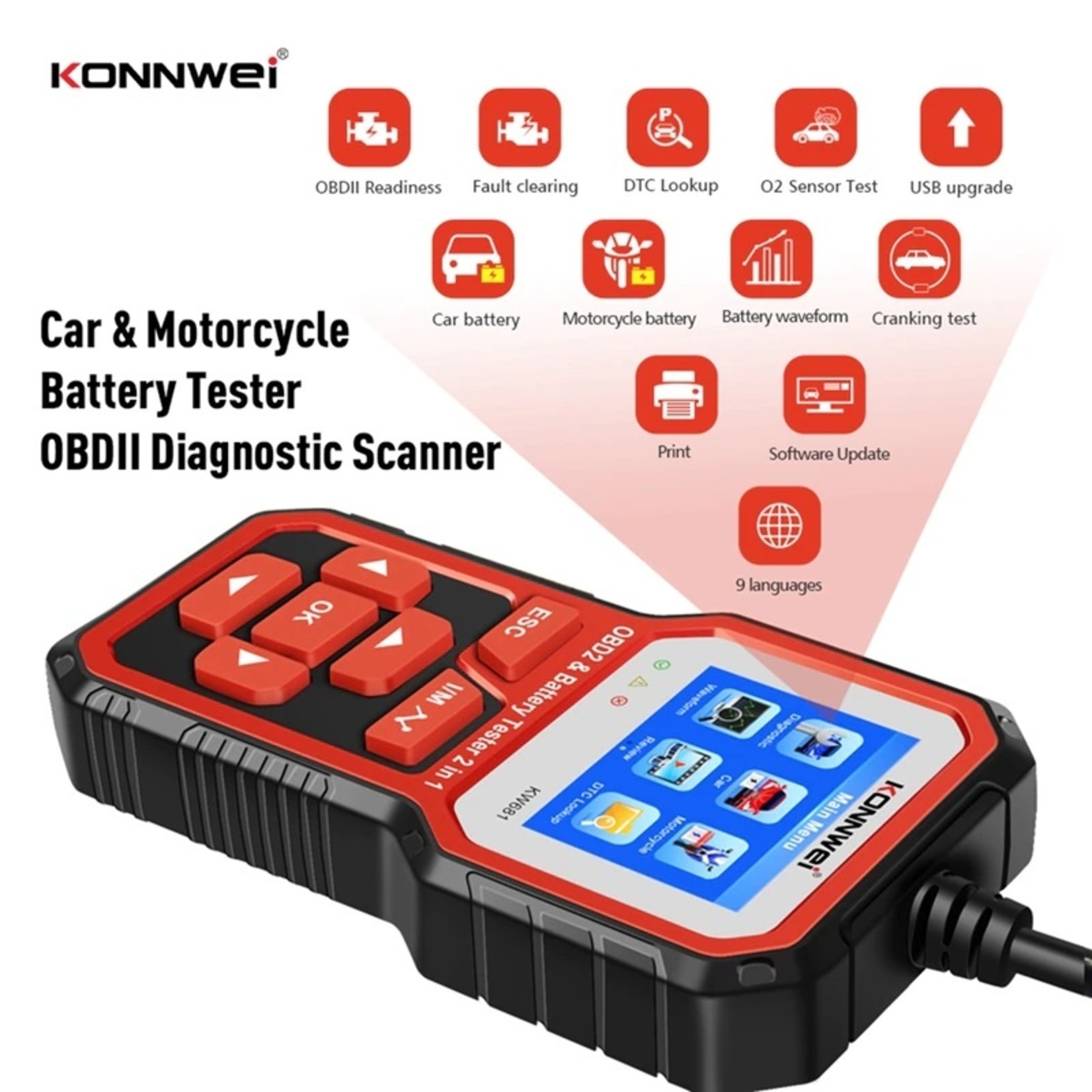 KONNWEI KONNWEI KW681 Auto Batterij Tester OBD2 Scanner Gereedschap 2 in 1 6-12V OBD2 Auto Foutdiagnose Tool