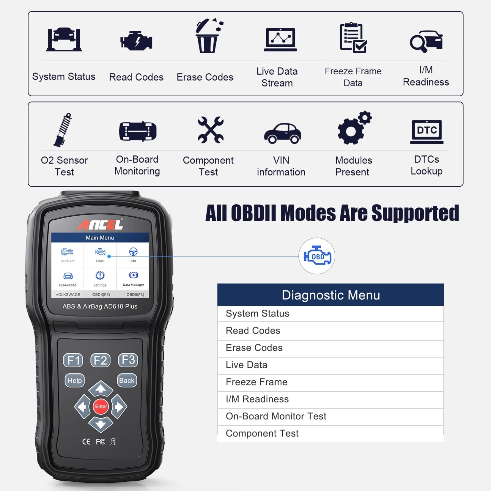 Ancel ANCEL AD610 Plus OBDII Scanner ABS SRS Airbag SAS Reset Automotive Scan Tool Check Engine Code Reader OBD 2 Diagnostic Tools