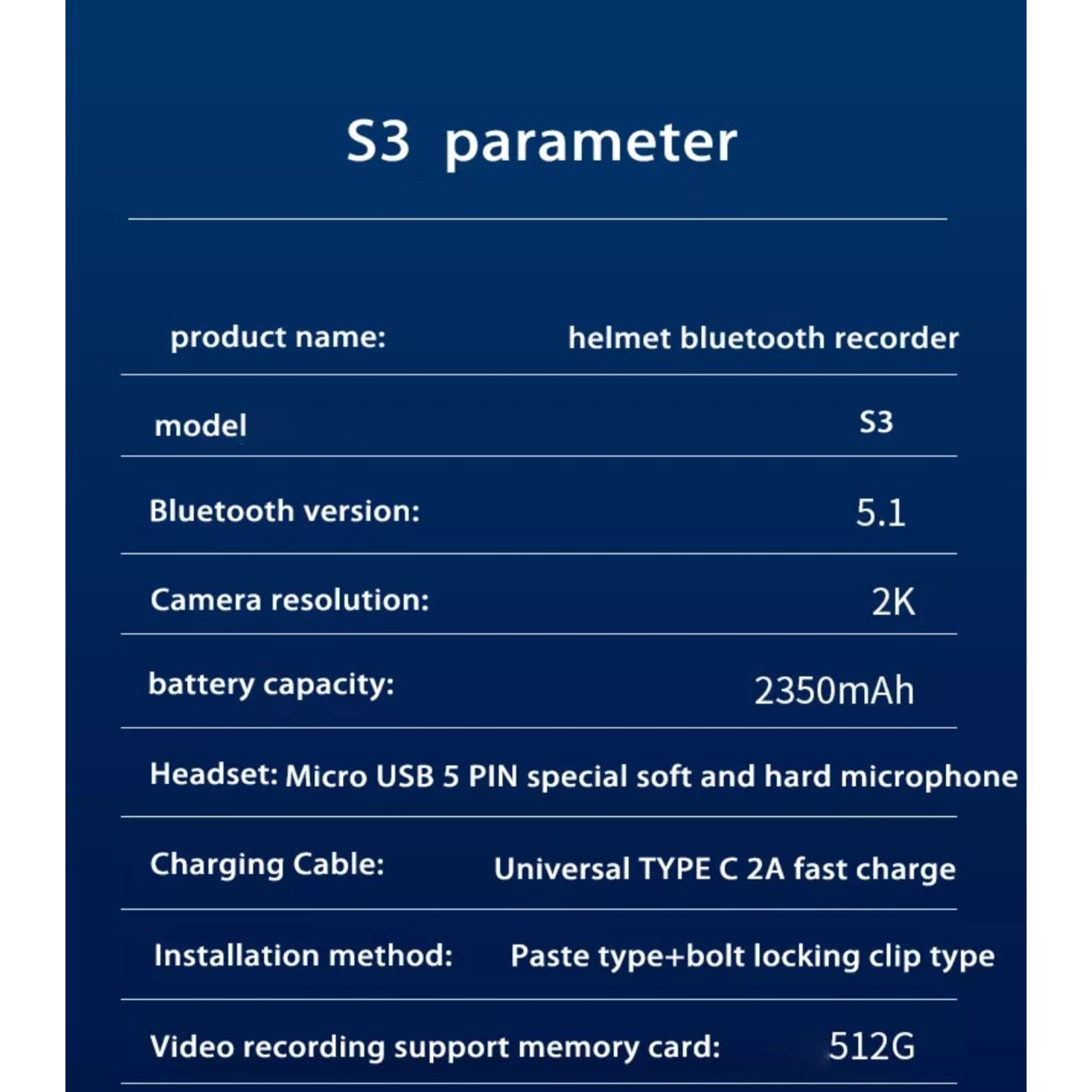 HE Products S3 Helm bluetooth intercom headset met 2K camerafunctie videorecorder van goede kwaliteit voor motorrijders