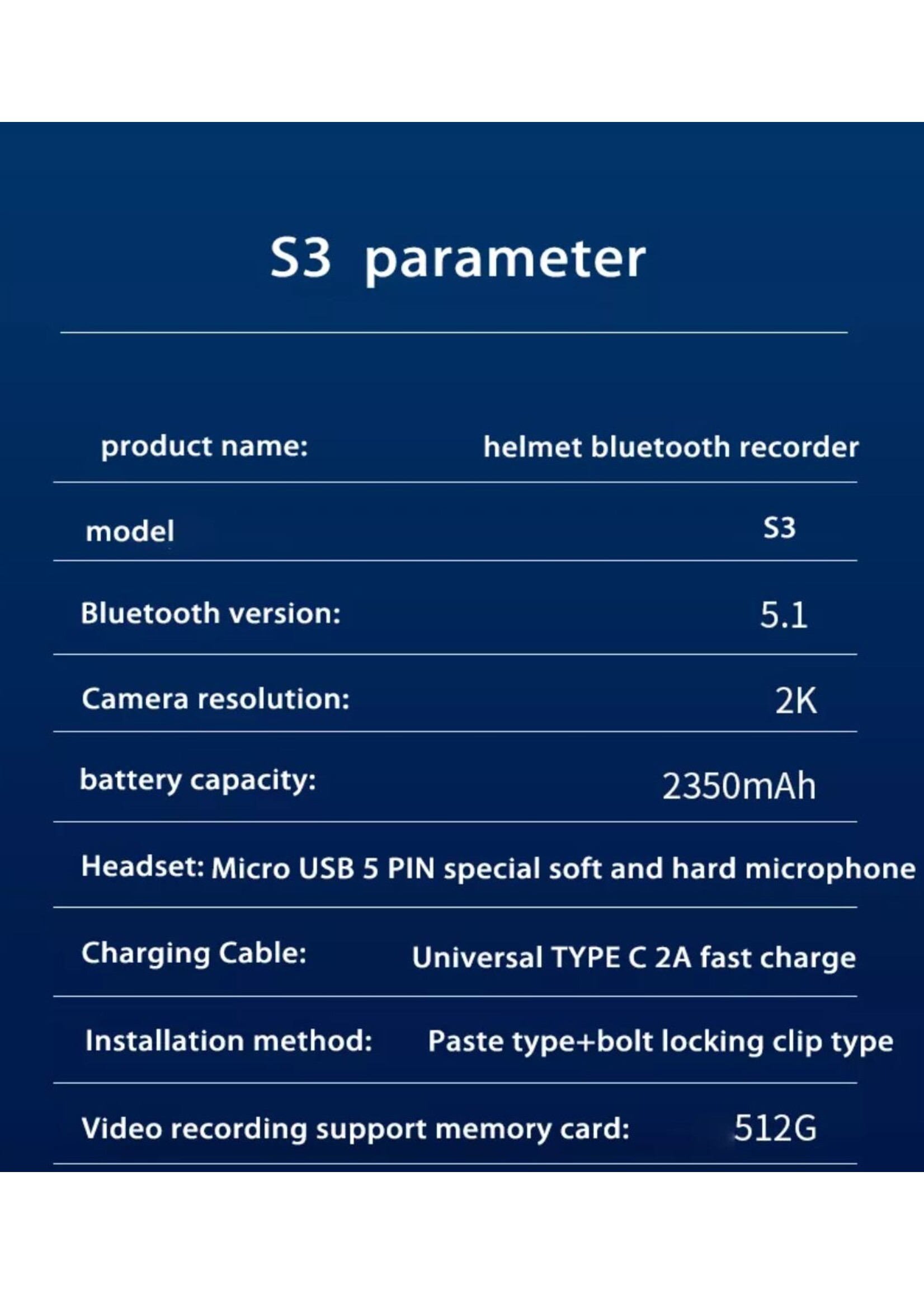 HE Products S3 Helm bluetooth intercom headset met 2K camerafunctie videorecorder van goede kwaliteit voor motorrijders