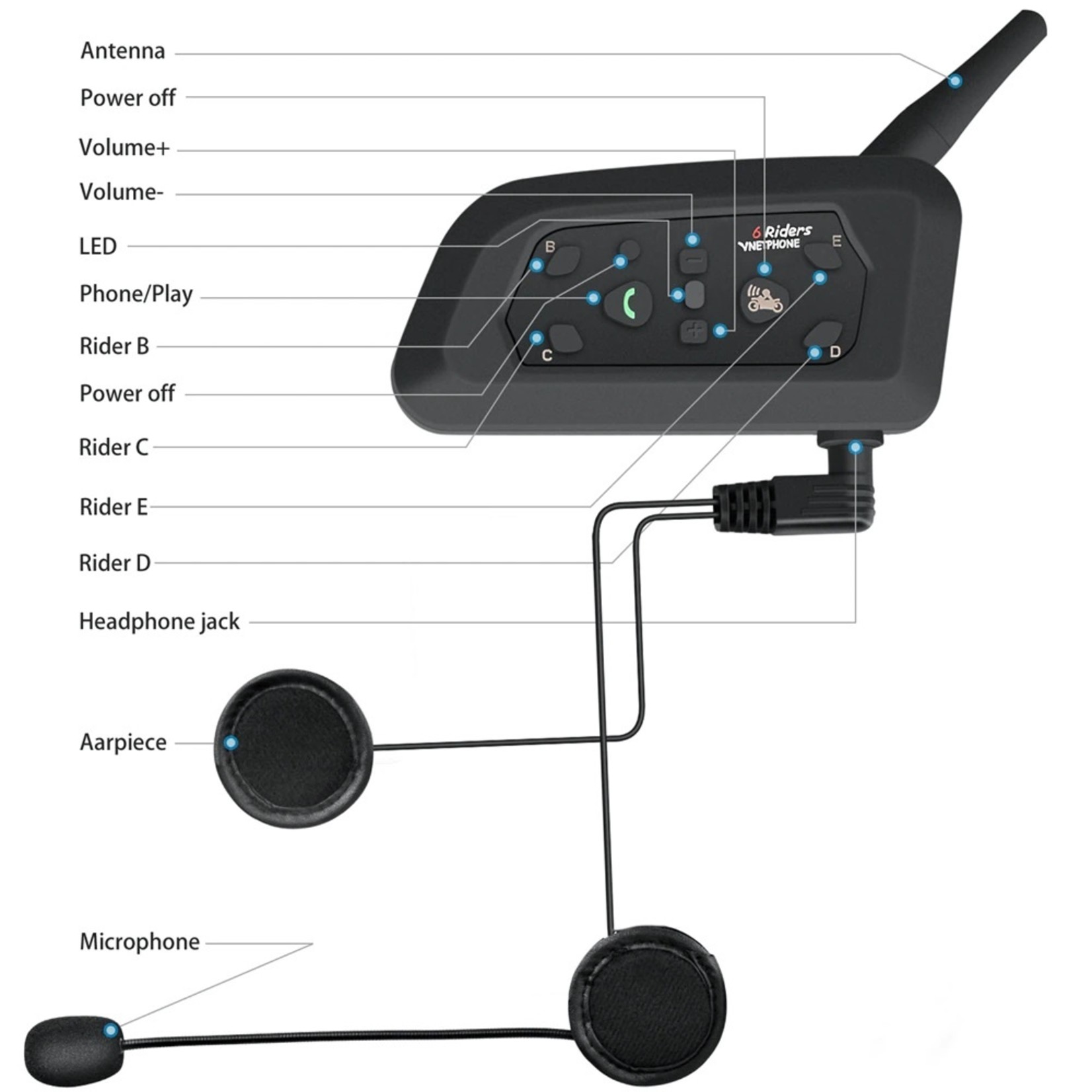 Vnetphone Vnetphone 1200 M Motorfiets Bluetooth Helm Intercom Voor 6 Rijders BT Draadloze Waterdichte Interphone Headsets MP3
